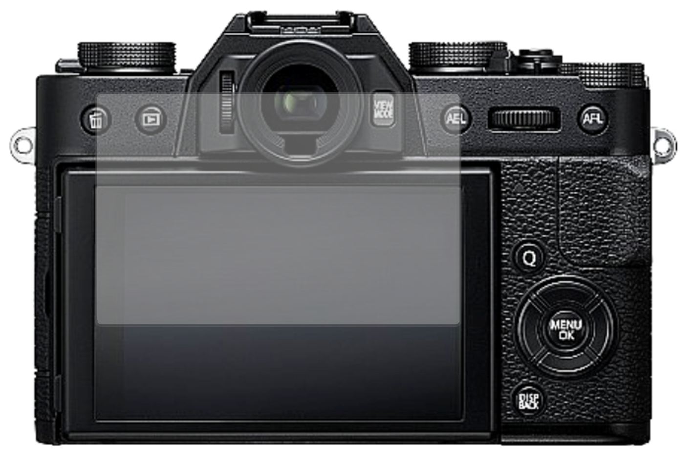 FujifilmX-T20 mit aufgebrachter dipos Displayschutzfolie, die lästige Fingerabdrücke minimiert