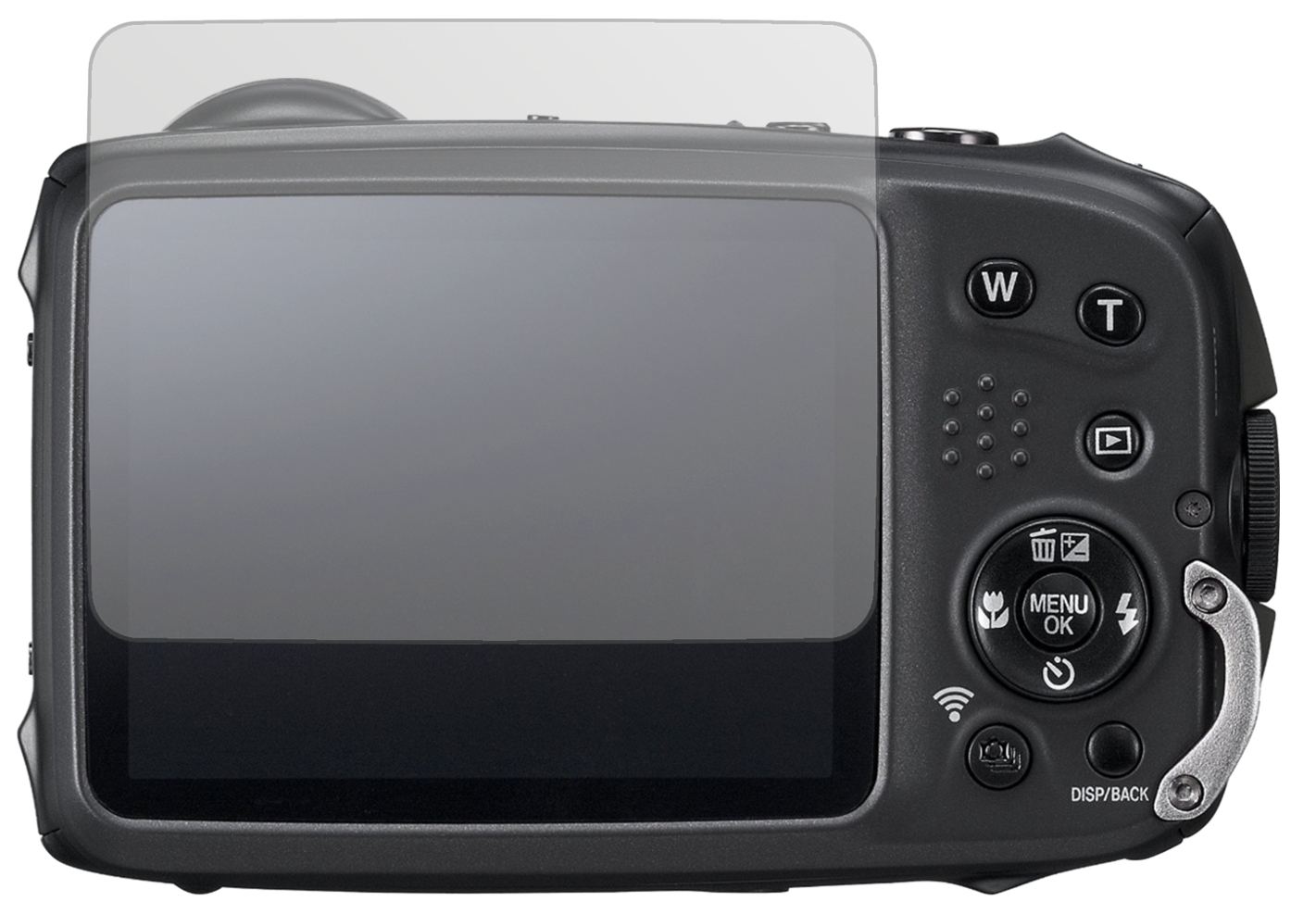 FujifilmXP90 Kompaktkamera mit aufgebrachter dipos Displayschutzfolie, die lästige Fingerabdrücke minimiert