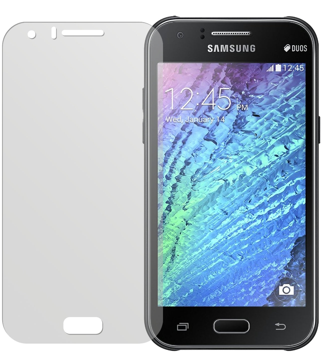 Galaxy J1Samsung mit aufgebrachter dipos Displayschutzfolie, die lästige Fingerabdrücke minimiert