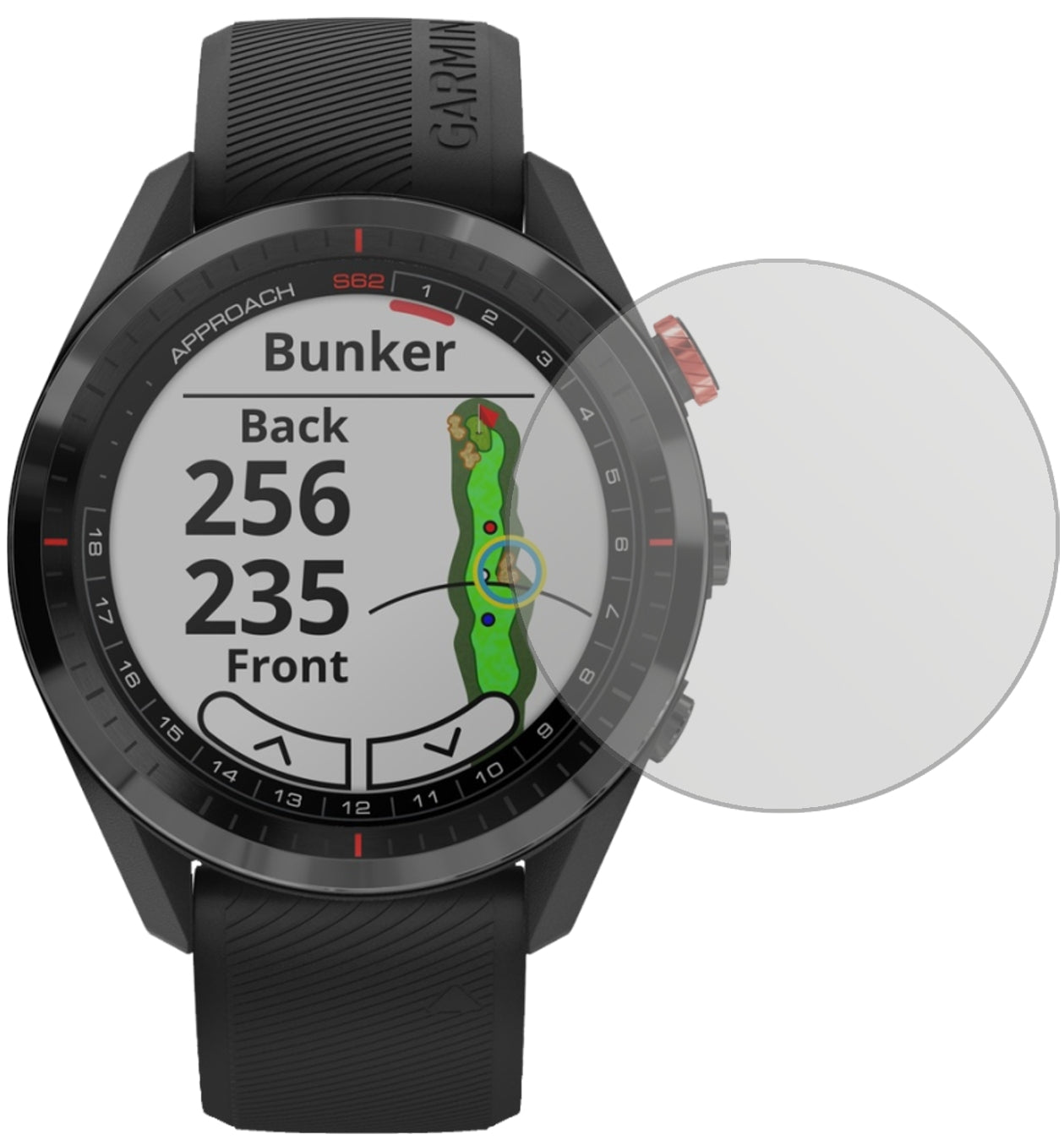GarminApproach S62 mit aufgebrachter dipos Displayschutzfolie, die lästige Fingerabdrücke minimiert