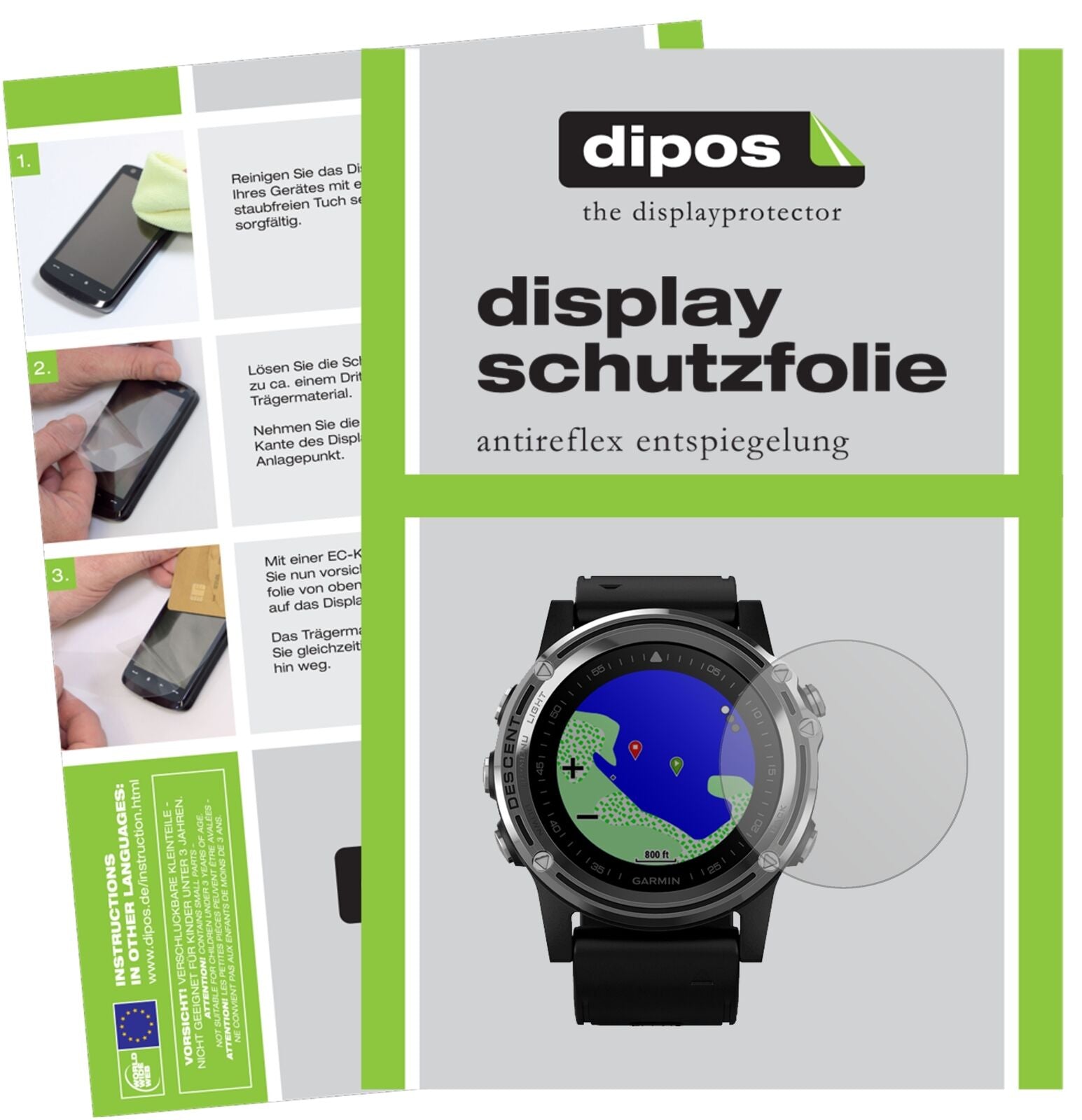 GarminDescent Mk1 mit aufgebrachter dipos Displayschutzfolie, die lästige Fingerabdrücke minimiert