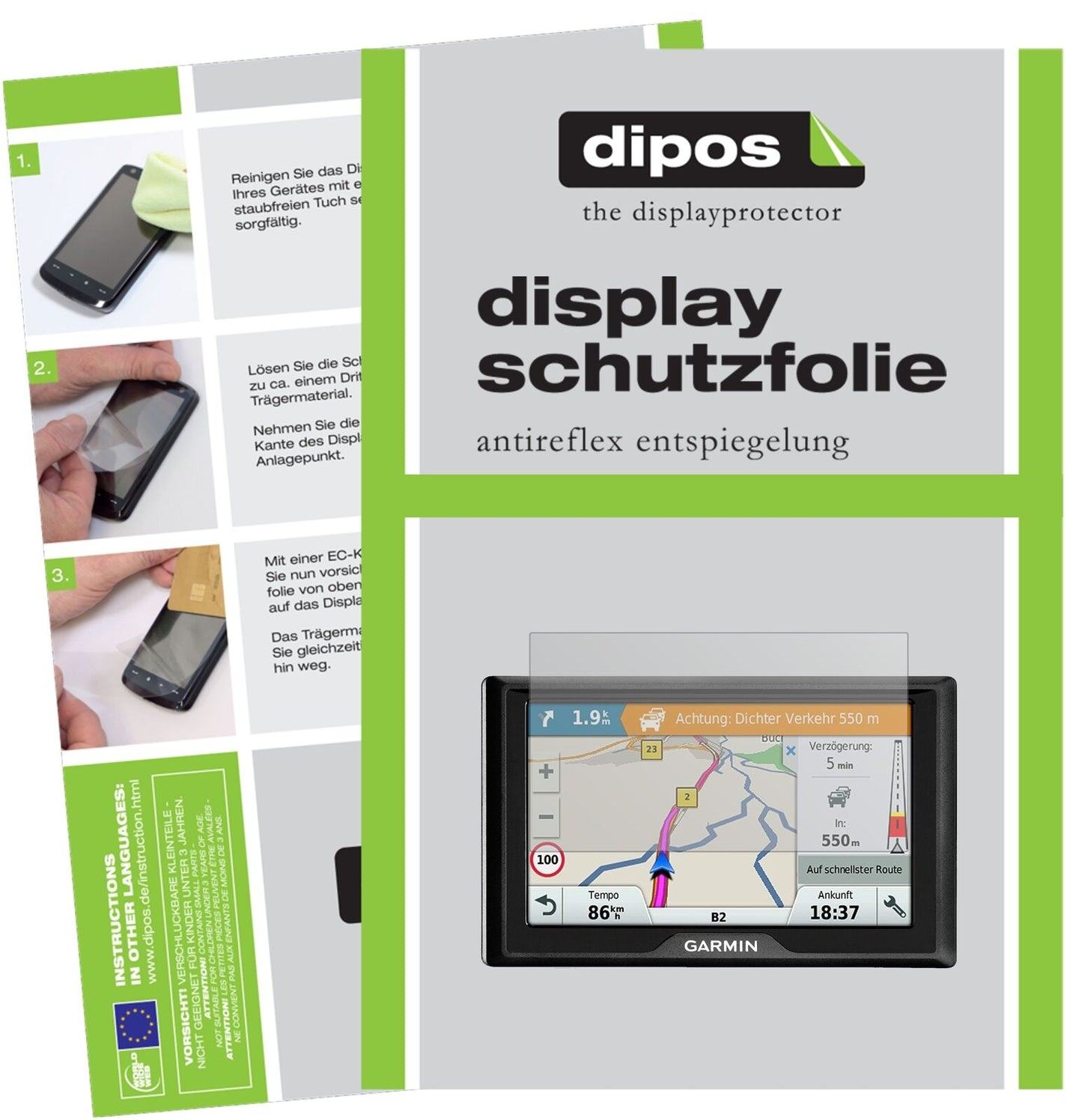 GarminDrive 5 MT-S EU mit aufgebrachter dipos Displayschutzfolie, die lästige Fingerabdrücke minimiert