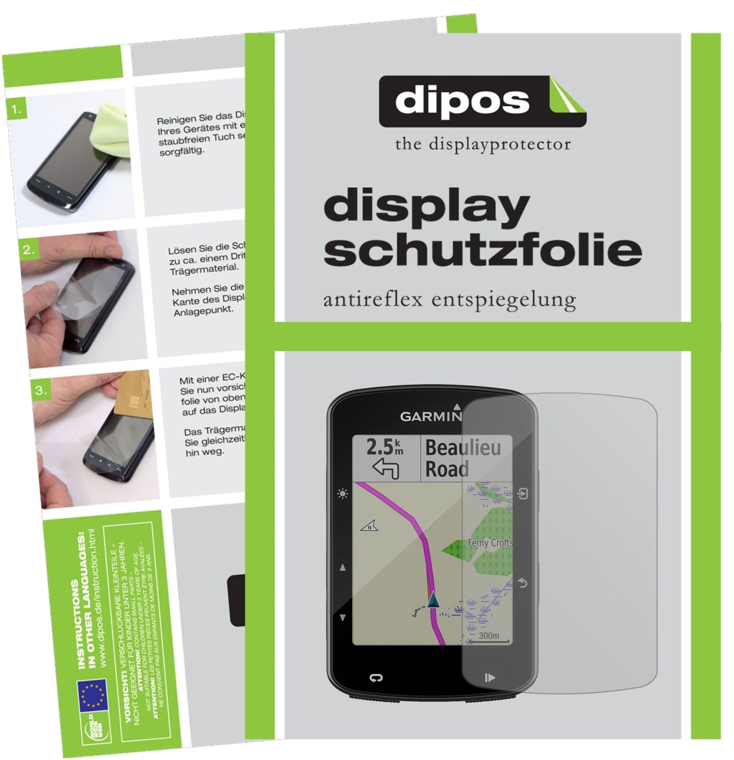 GarminEdge 520 Plus mit aufgebrachter dipos Displayschutzfolie, die lästige Fingerabdrücke minimiert