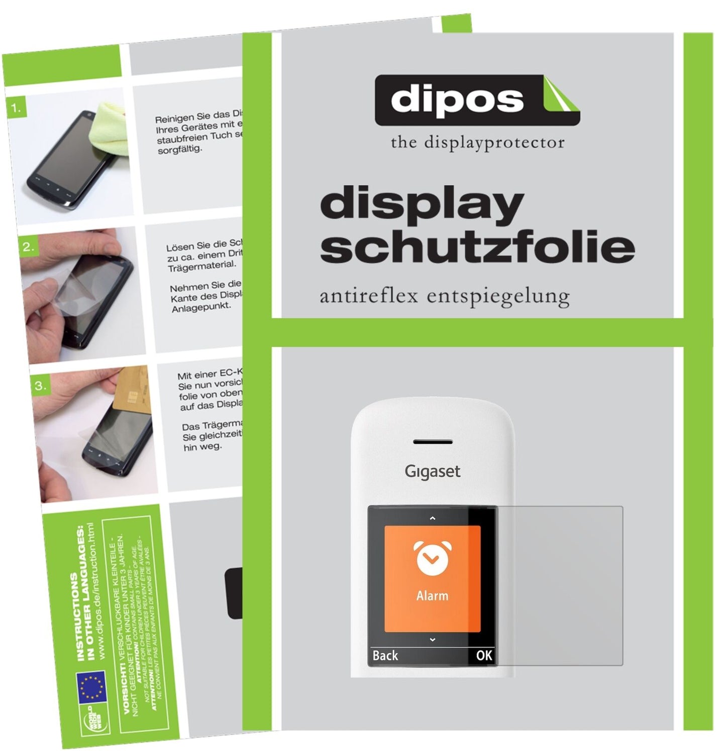 GigasetE370 / E370A mit aufgebrachter dipos Displayschutzfolie, die lästige Fingerabdrücke minimiert