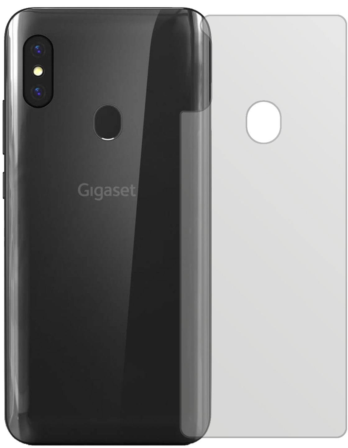 GigasetGS290 Rückseite mit aufgebrachter dipos Displayschutzfolie, die lästige Fingerabdrücke minimiert