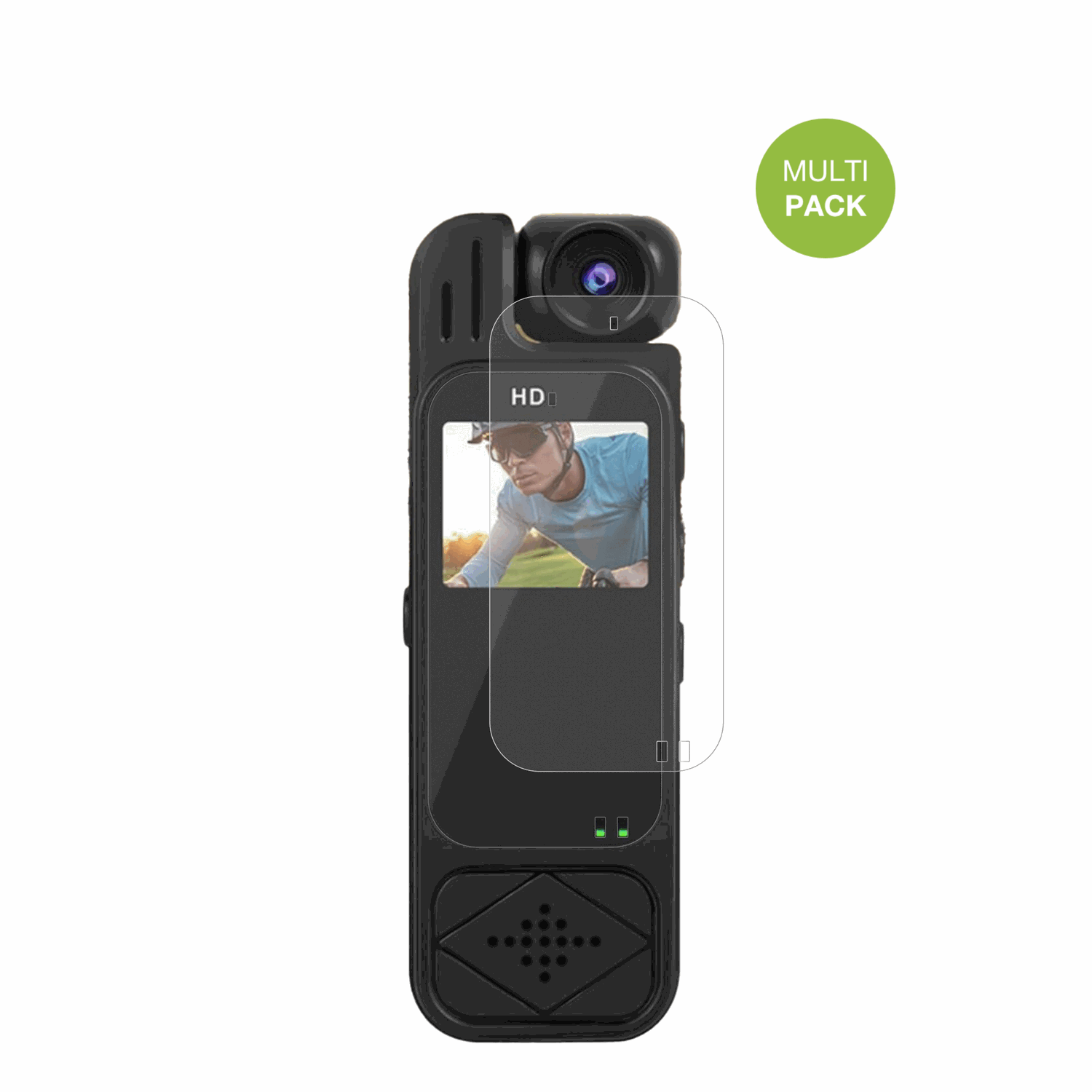 GlomcMini-Sportkamera mit aufgebrachter dipos Displayschutzfolie, die lästige Fingerabdrücke minimiert