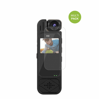 GlomcMini-Sportkamera mit aufgebrachter dipos Displayschutzfolie, die lästige Fingerabdrücke minimiert