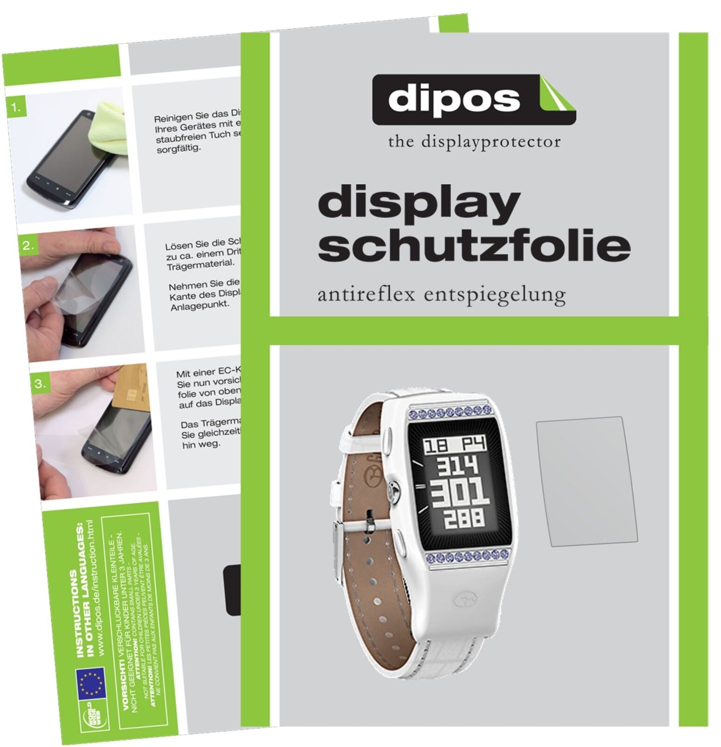 GolfbuddyLD2 mit aufgebrachter dipos Displayschutzfolie, die lästige Fingerabdrücke minimiert