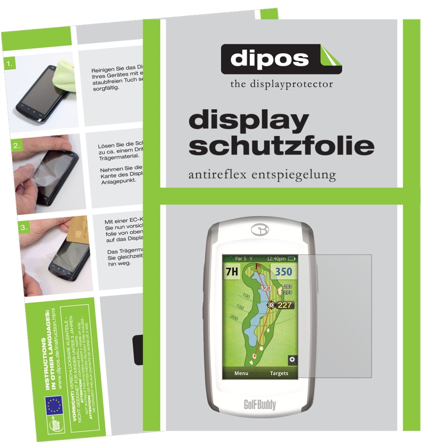 GolfbuddyWorld Platinum 2 mit aufgebrachter dipos Displayschutzfolie, die lästige Fingerabdrücke minimiert