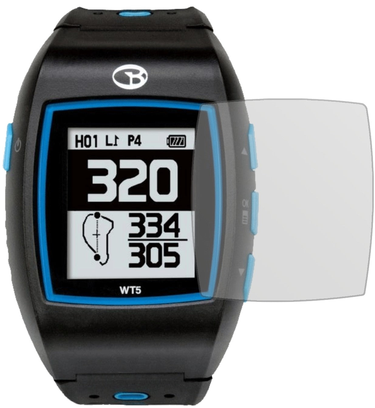 GolfbuddyWT5 mit aufgebrachter dipos Displayschutzfolie, die lästige Fingerabdrücke minimiert