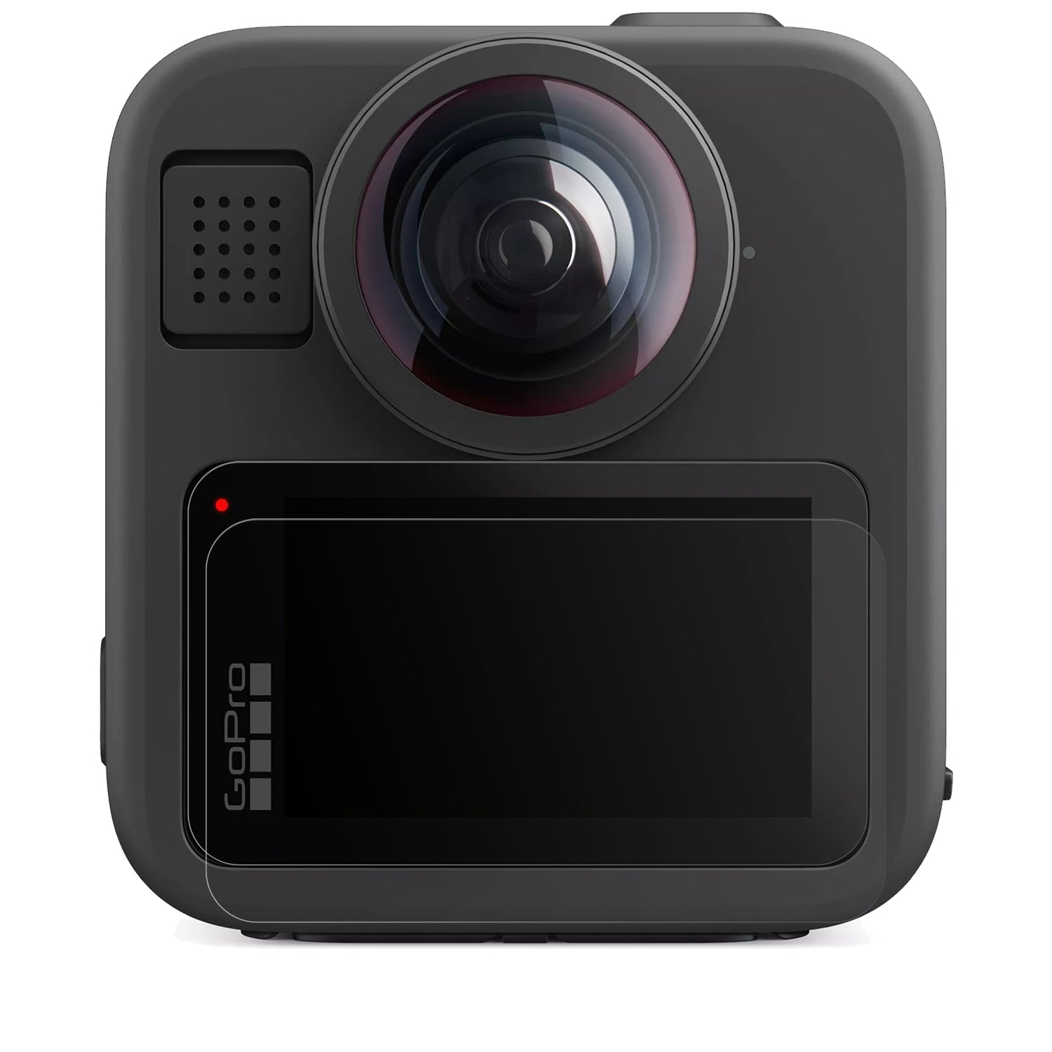 GoProMax 2 mit aufgebrachter dipos Displayschutzfolie, die lästige Fingerabdrücke minimiert