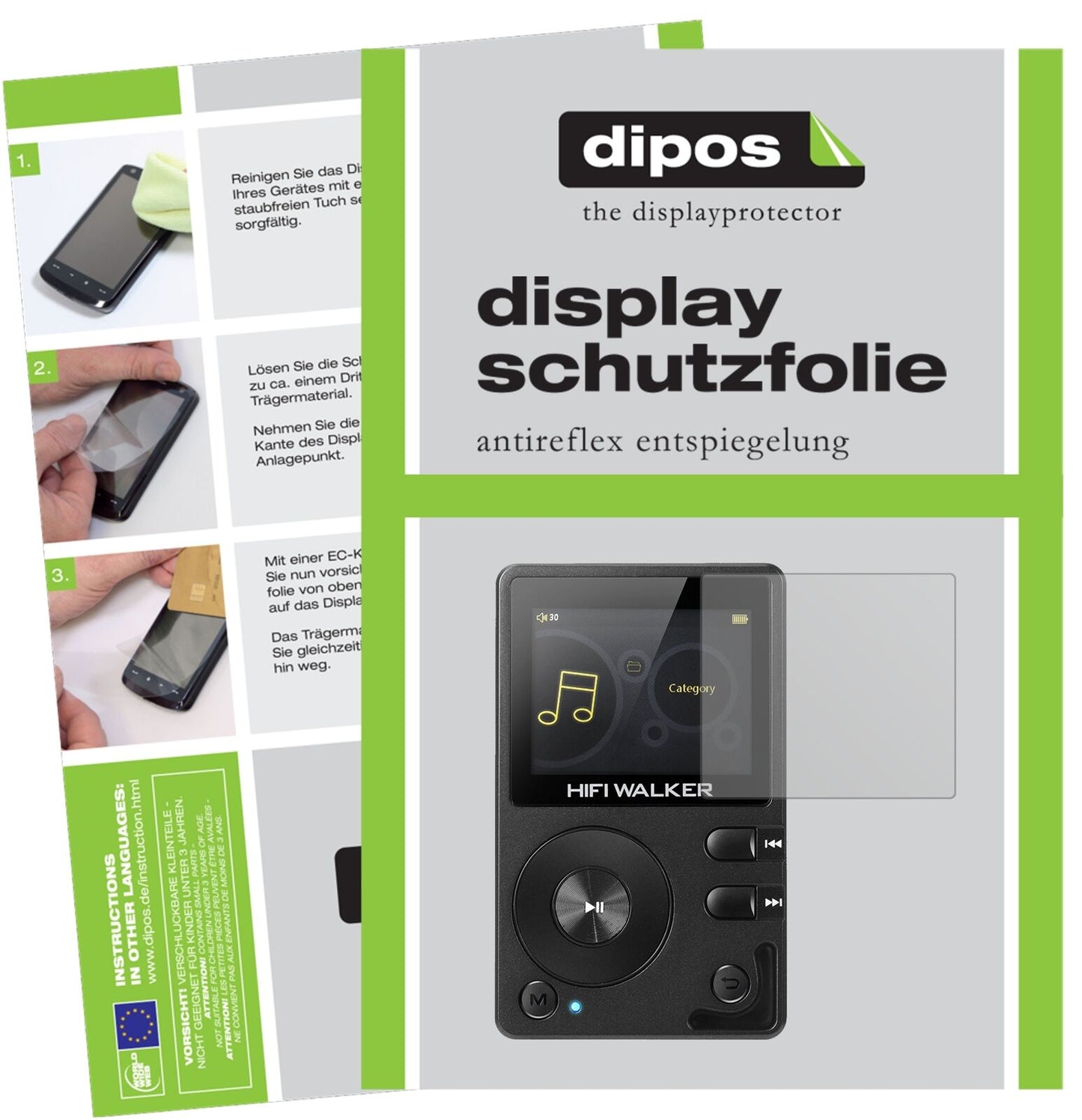 HIFIWALKER H2 MP3-Player mit aufgebrachter dipos Displayschutzfolie, die lästige Fingerabdrücke minimiert