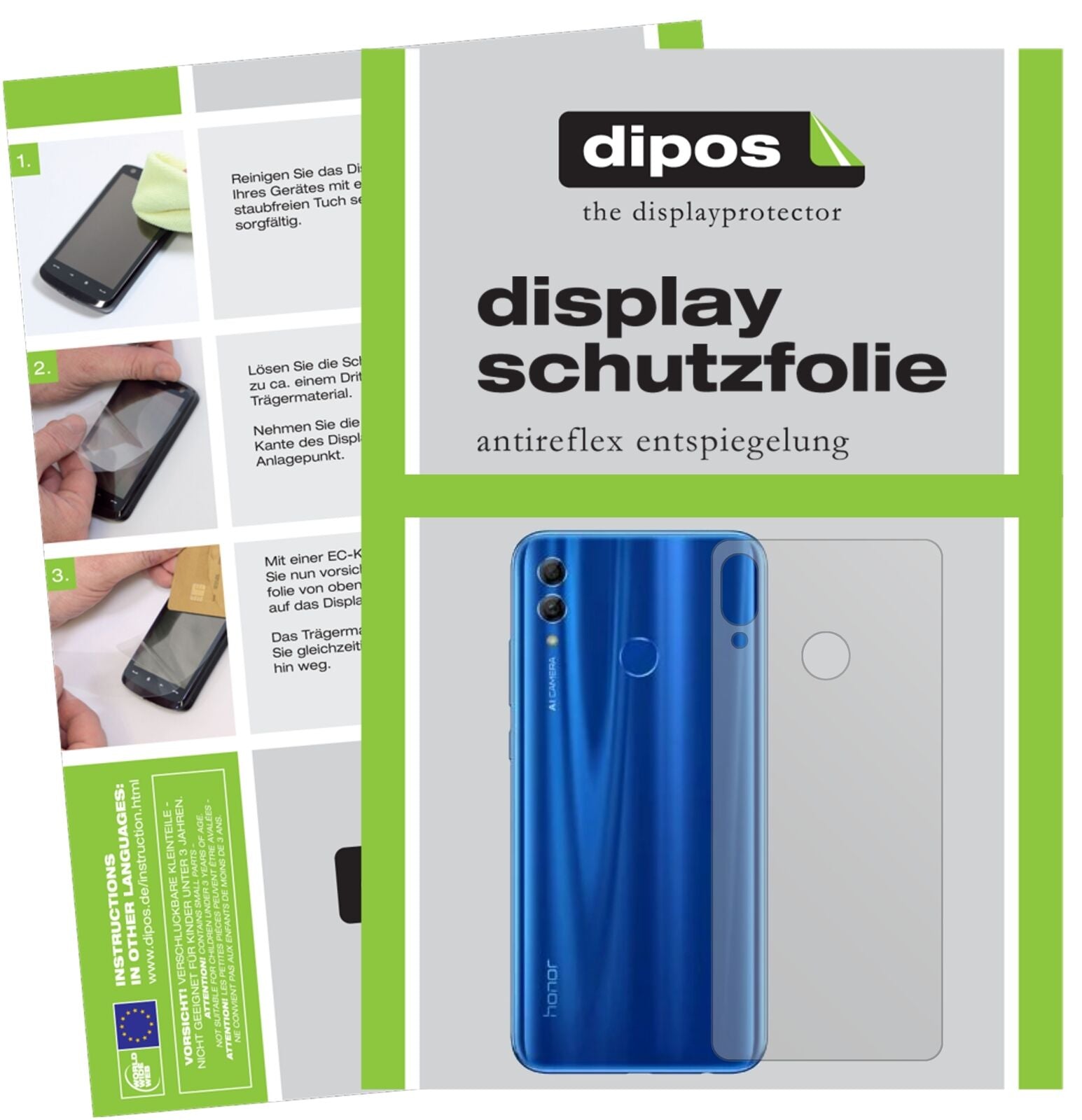 Honor10 Lite Rückseite mit aufgebrachter dipos Displayschutzfolie, die lästige Fingerabdrücke minimiert