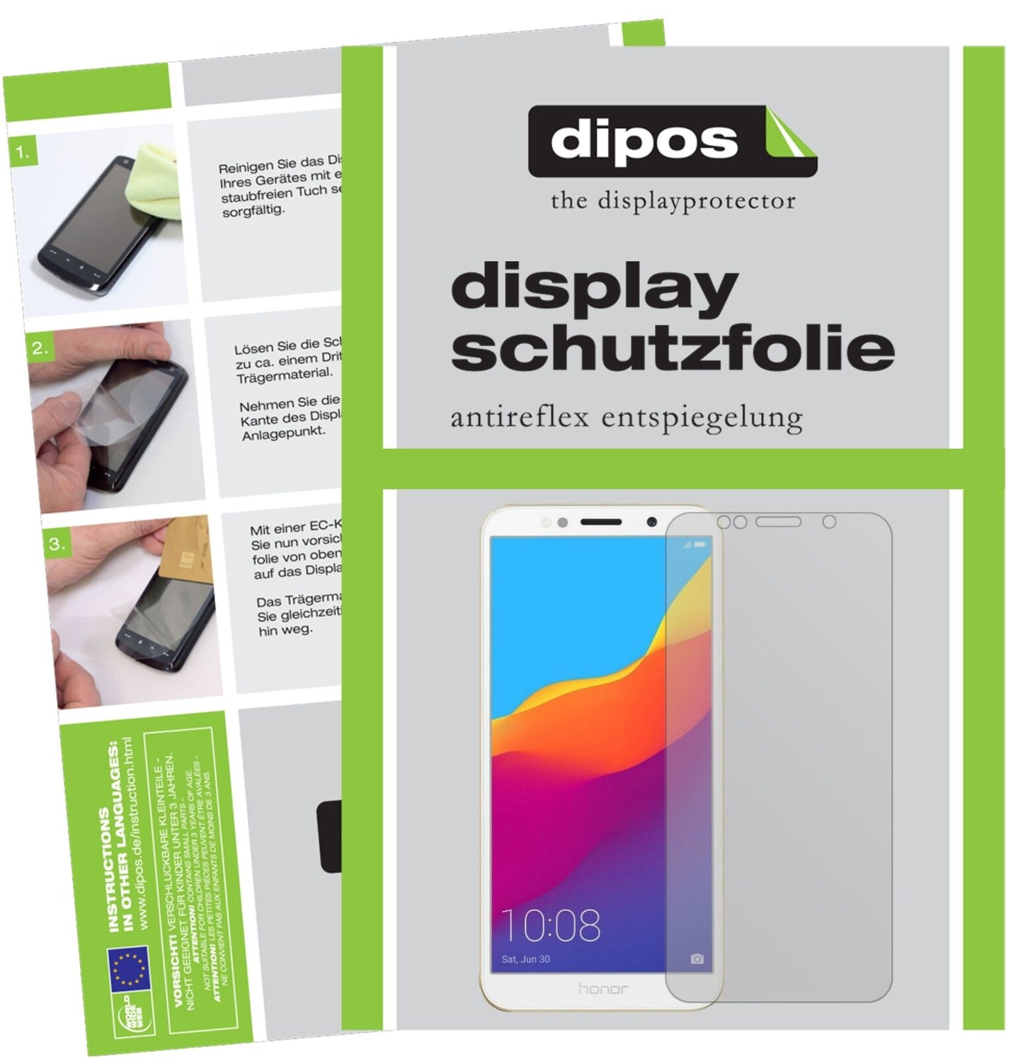 Honor7A mit aufgebrachter dipos Displayschutzfolie, die lästige Fingerabdrücke minimiert