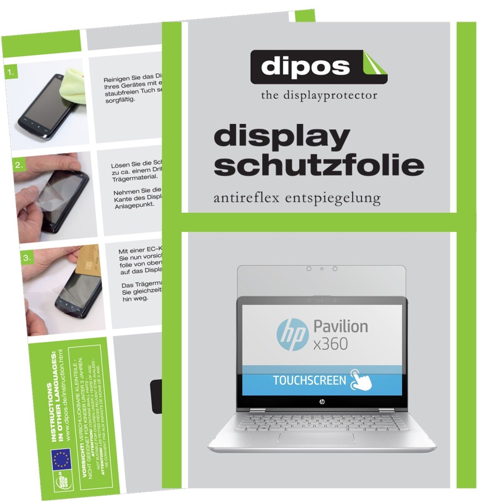HPPavilion x360 14 ba035ng mit aufgebrachter dipos Displayschutzfolie, die lästige Fingerabdrücke minimiert