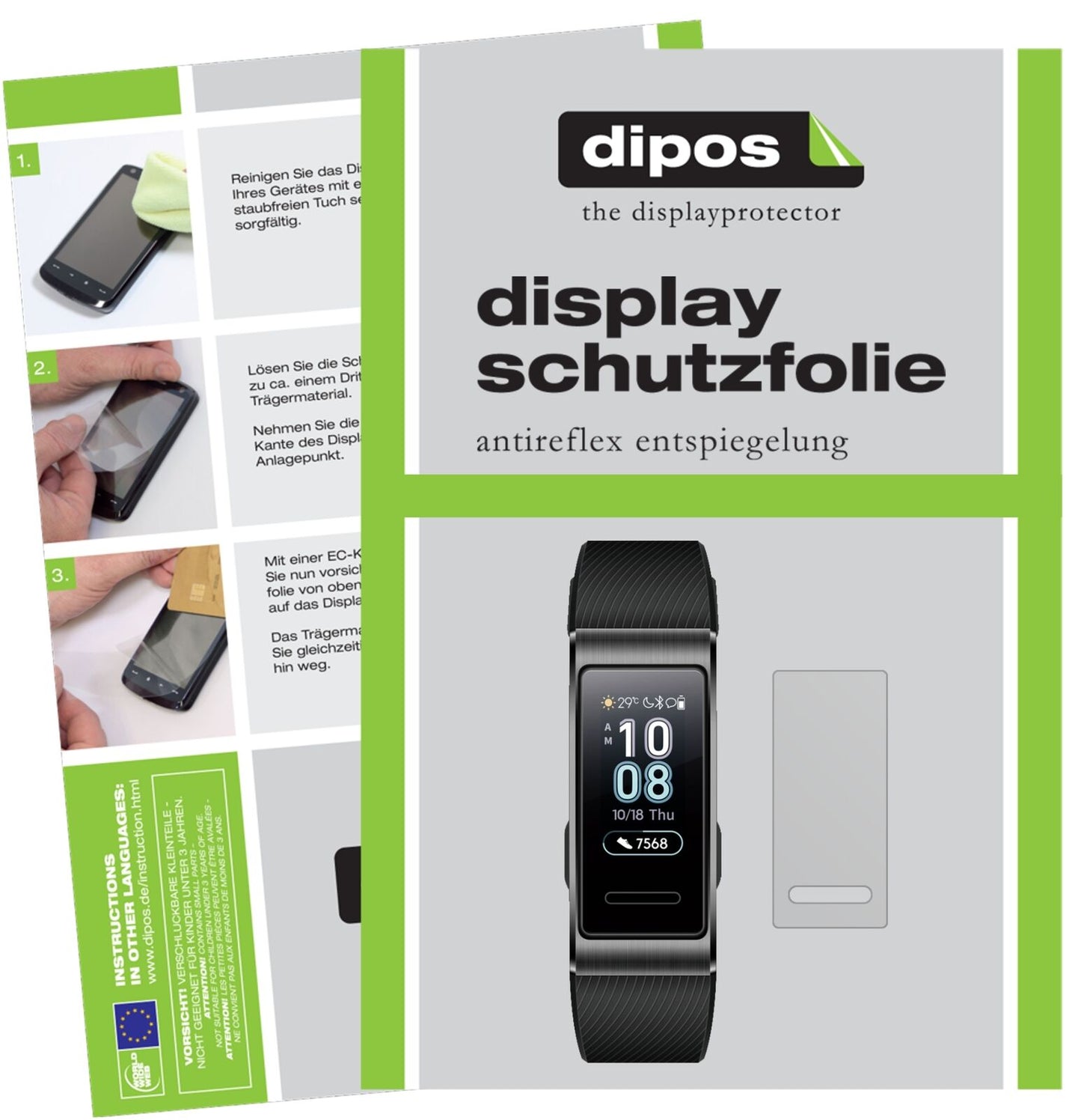 HuaweiBand 3 Pro mit aufgebrachter dipos Displayschutzfolie, die lästige Fingerabdrücke minimiert
