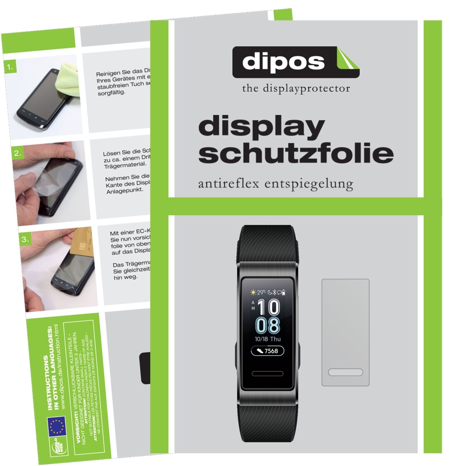HuaweiBand 3 Pro mit aufgebrachter dipos Displayschutzfolie, die lästige Fingerabdrücke minimiert
