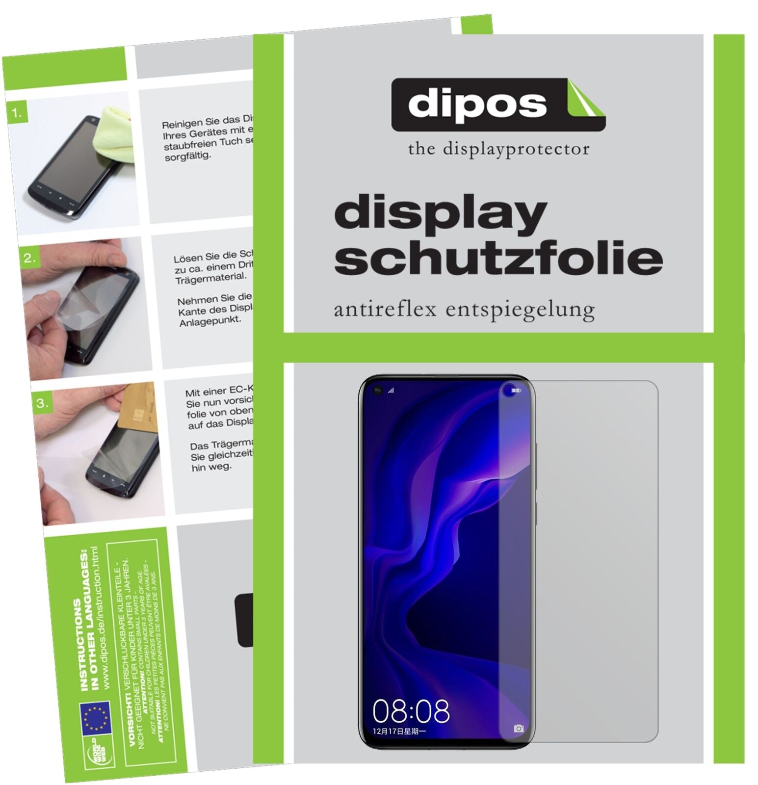 HuaweiNova 4 mit aufgebrachter dipos Displayschutzfolie, die lästige Fingerabdrücke minimiert