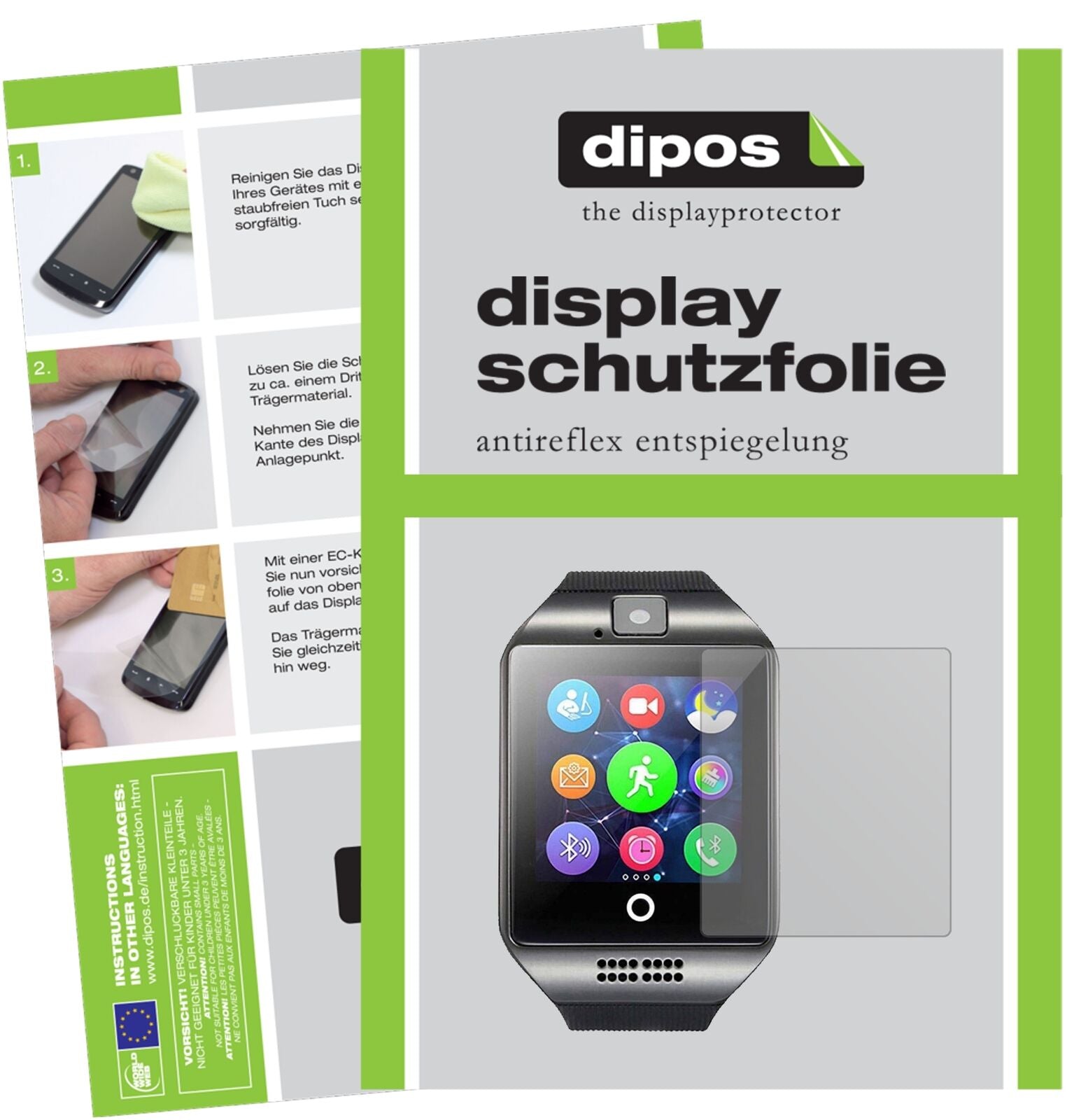 InterActiveSmartWatch Q18 mit aufgebrachter dipos Displayschutzfolie, die lästige Fingerabdrücke minimiert