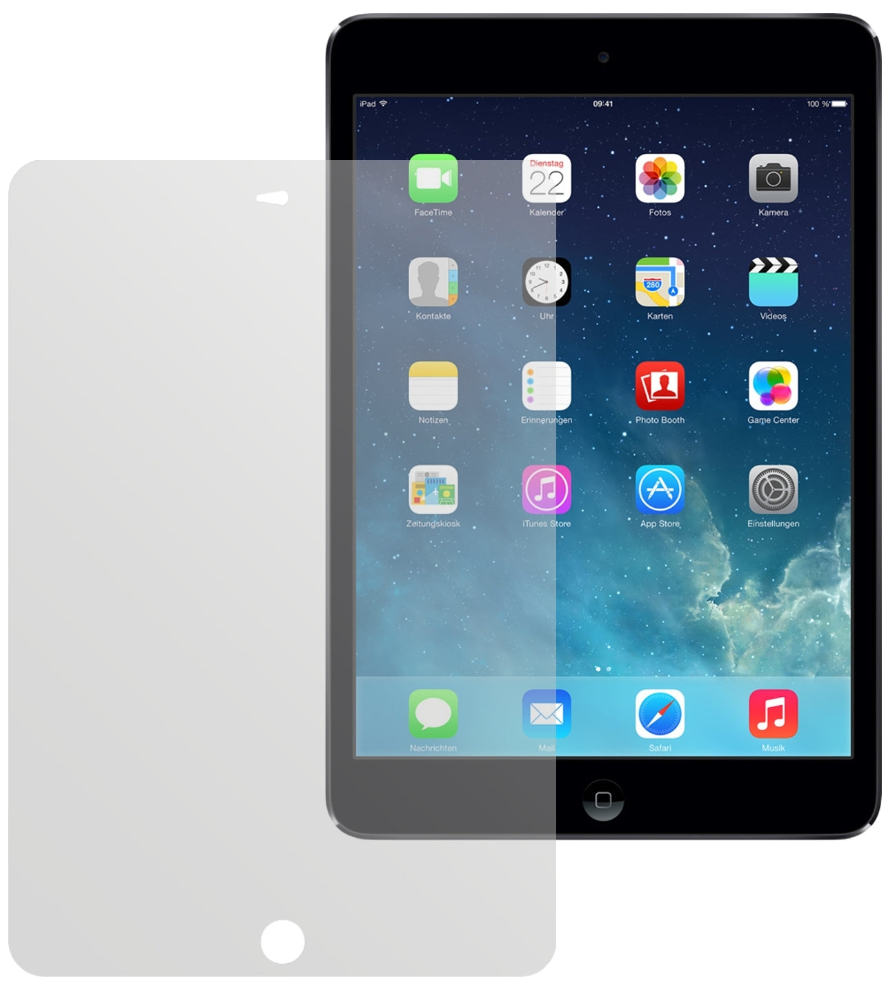 iPad Mini 2Apple mit aufgebrachter dipos Displayschutzfolie, die lästige Fingerabdrücke minimiert