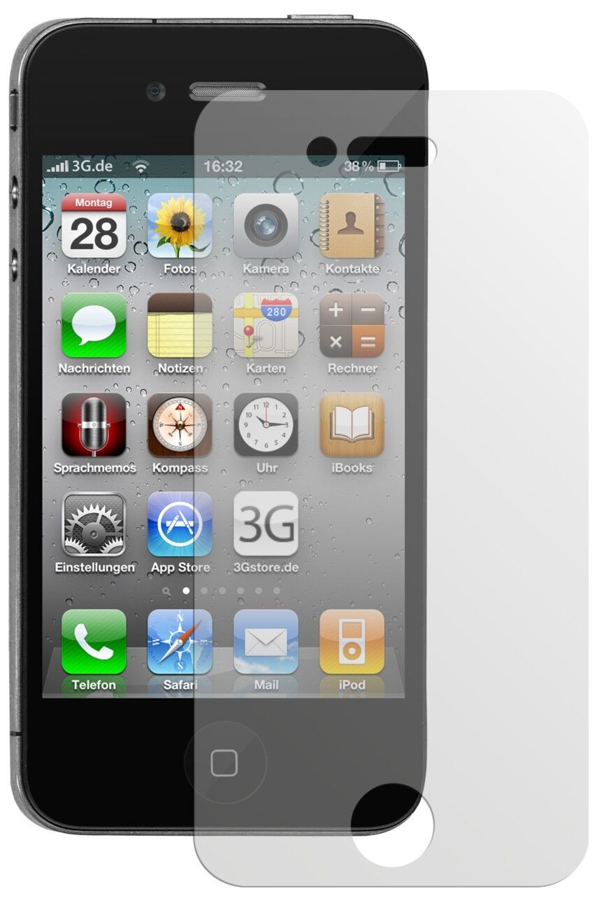 iPhone 4 / 4SApple mit aufgebrachter dipos Displayschutzfolie, die lästige Fingerabdrücke minimiert