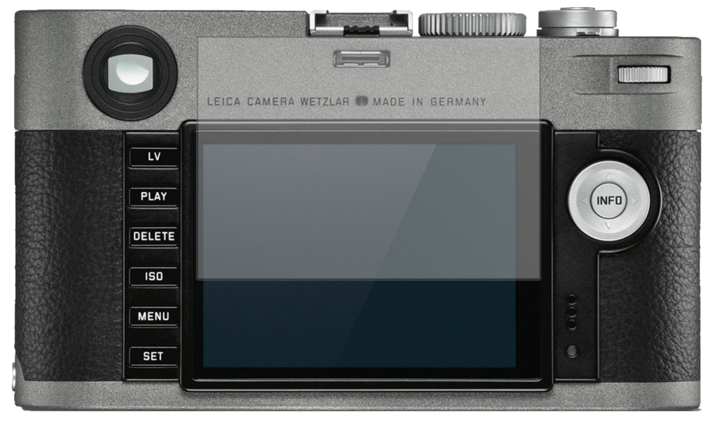 LeicaM-E (Typ) 240 mit aufgebrachter dipos Displayschutzfolie, die lästige Fingerabdrücke minimiert