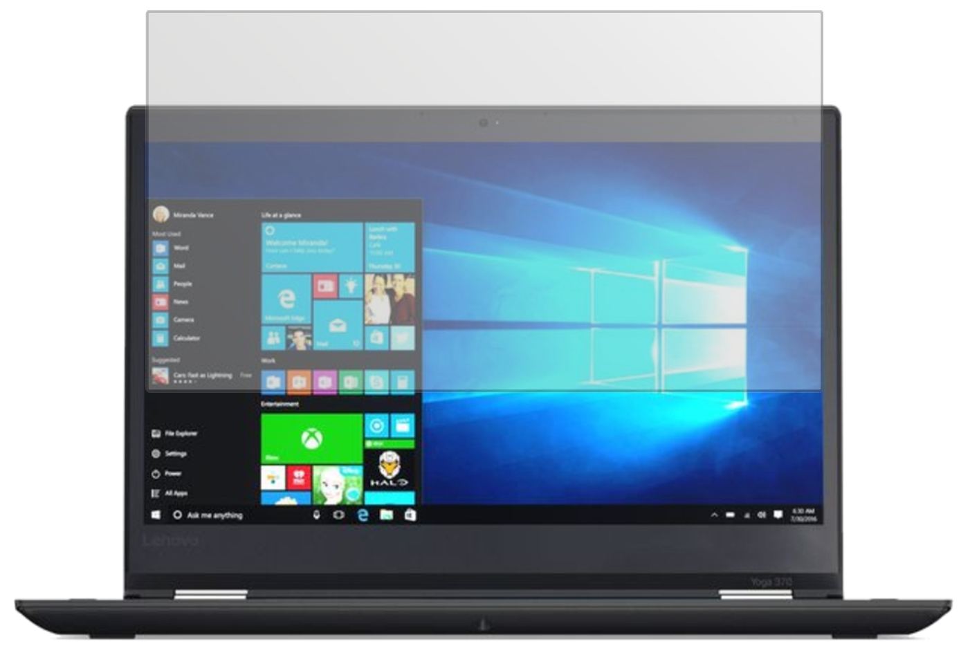 LenovoThinkPad Yoga 370 mit aufgebrachter dipos Displayschutzfolie, die lästige Fingerabdrücke minimiert