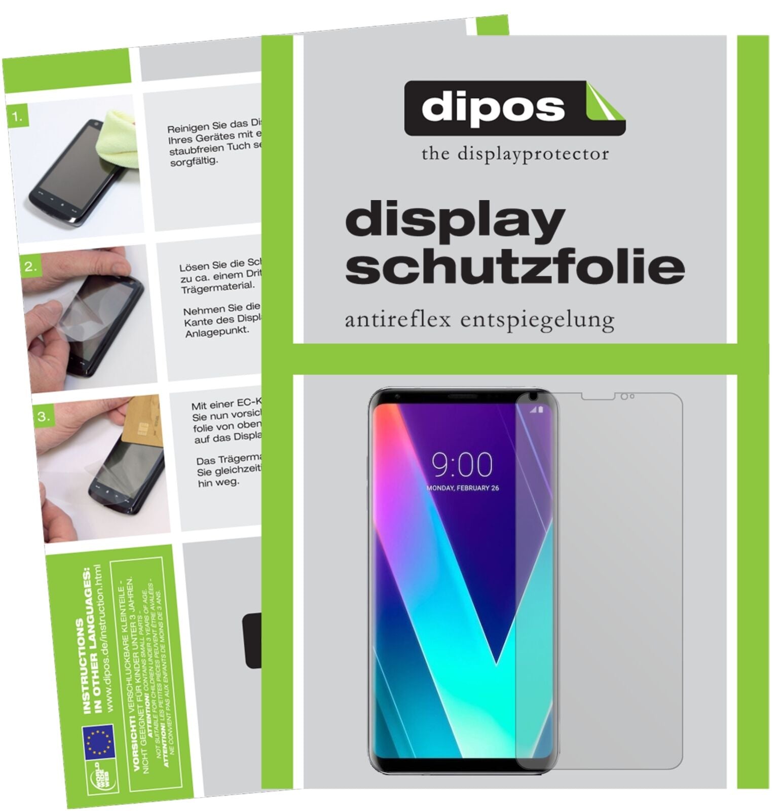 LGV30S+ ThinQ mit aufgebrachter dipos Displayschutzfolie, die lästige Fingerabdrücke minimiert