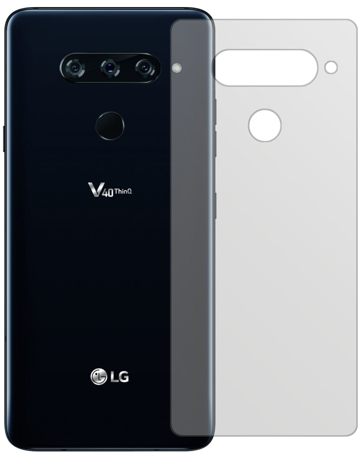 LGV40 ThinQ Rückseite mit aufgebrachter dipos Displayschutzfolie, die lästige Fingerabdrücke minimiert