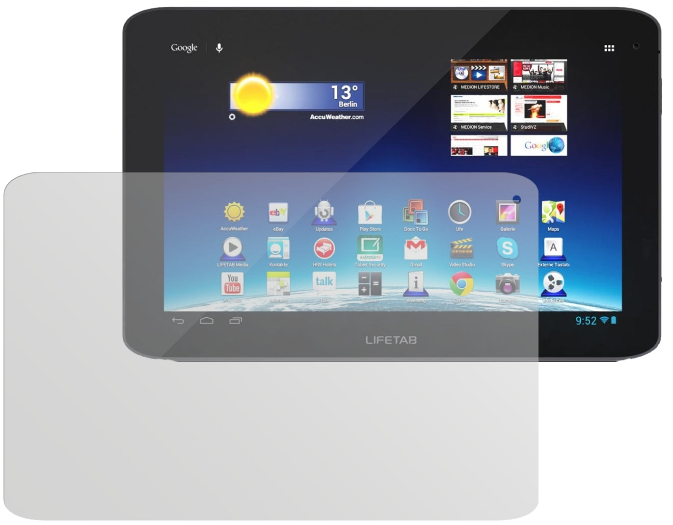 Lifetab E10320Medion mit aufgebrachter dipos Displayschutzfolie, die lästige Fingerabdrücke minimiert