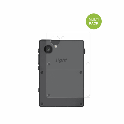 LightPhone 3 Rückseite mit aufgebrachter dipos Displayschutzfolie, die lästige Fingerabdrücke minimiert