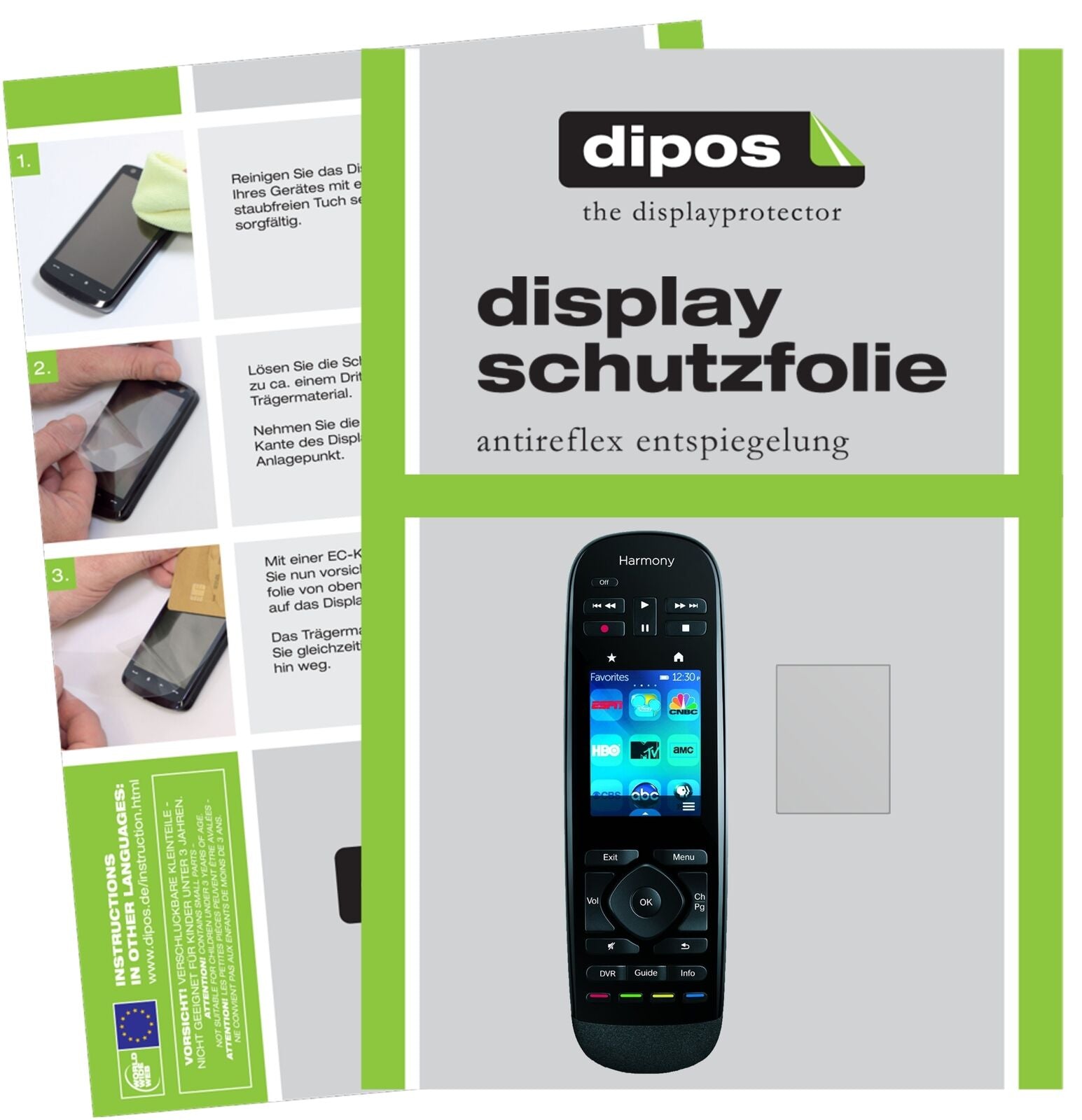 LogitechHarmony Ultimate One mit aufgebrachter dipos Displayschutzfolie, die lästige Fingerabdrücke minimiert