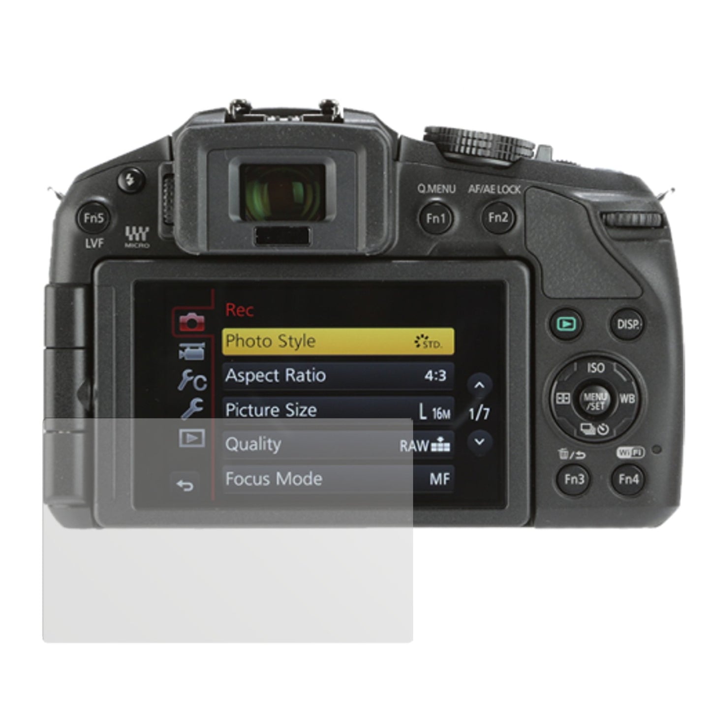 Lumix G6Panasonic mit aufgebrachter dipos Displayschutzfolie, die lästige Fingerabdrücke minimiert