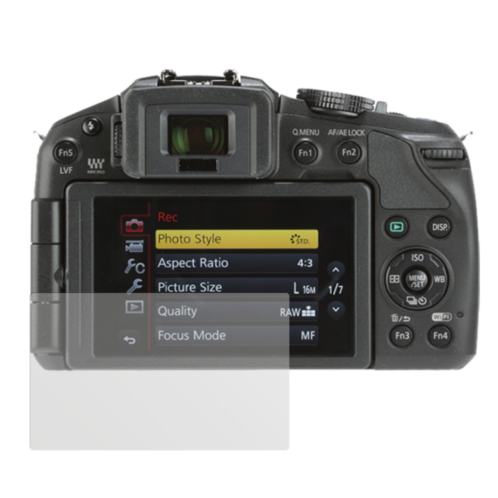 Lumix G6Panasonic mit aufgebrachter dipos Displayschutzfolie, die lästige Fingerabdrücke minimiert