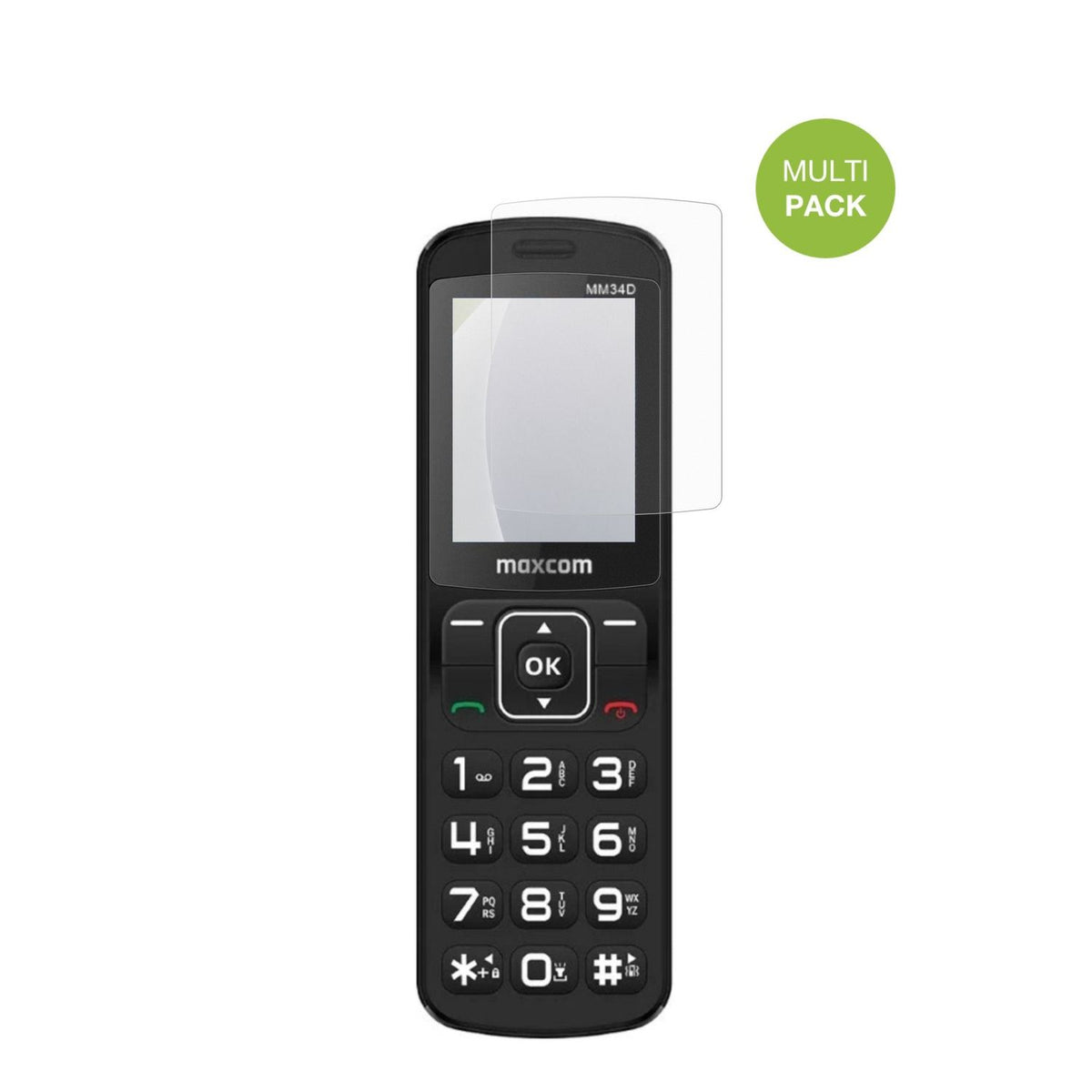 MaxComComfort MM34D 4G mit aufgebrachter dipos Displayschutzfolie, die lästige Fingerabdrücke minimiert