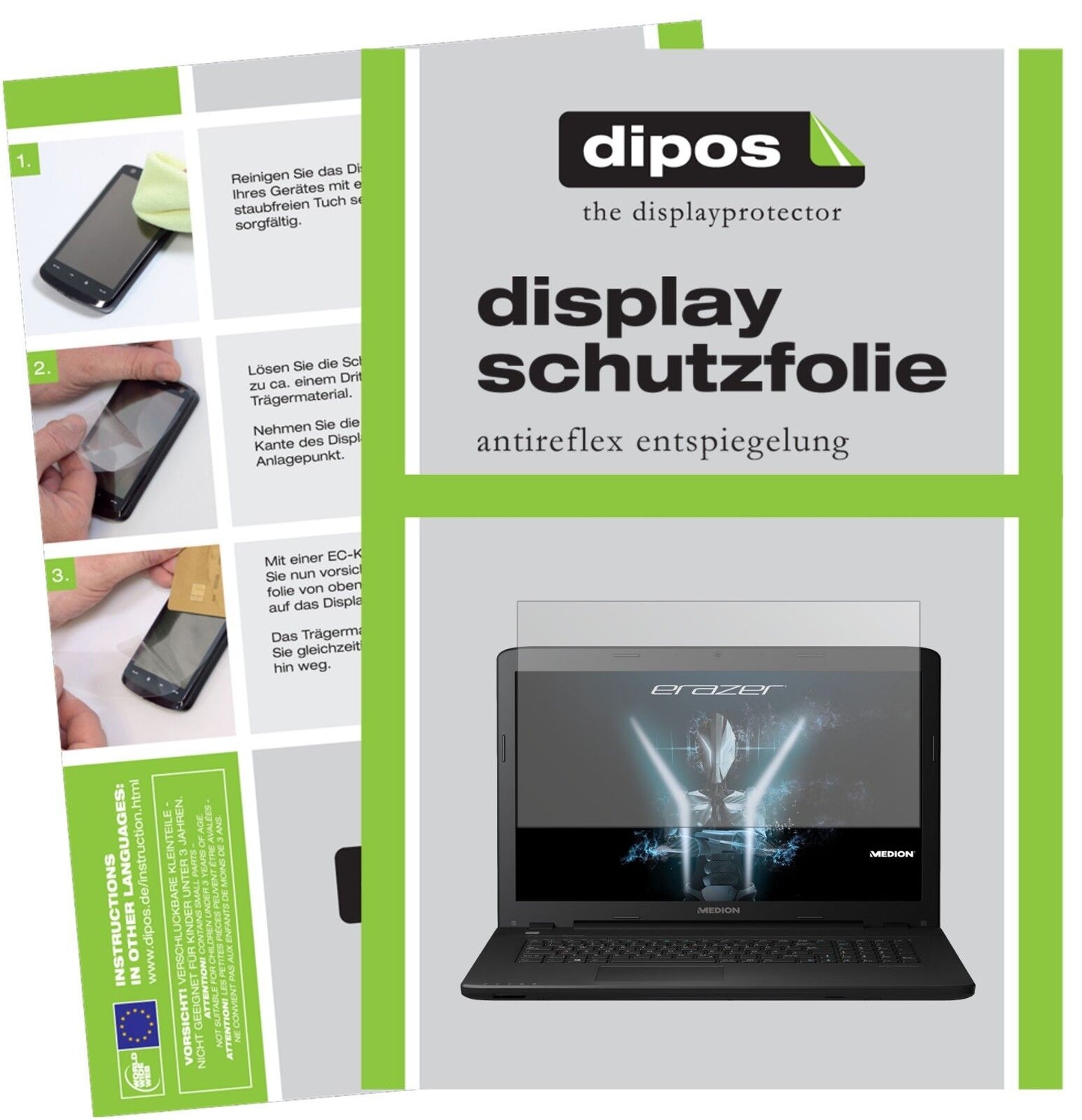 MedionErazer P6689 mit aufgebrachter dipos Displayschutzfolie, die lästige Fingerabdrücke minimiert