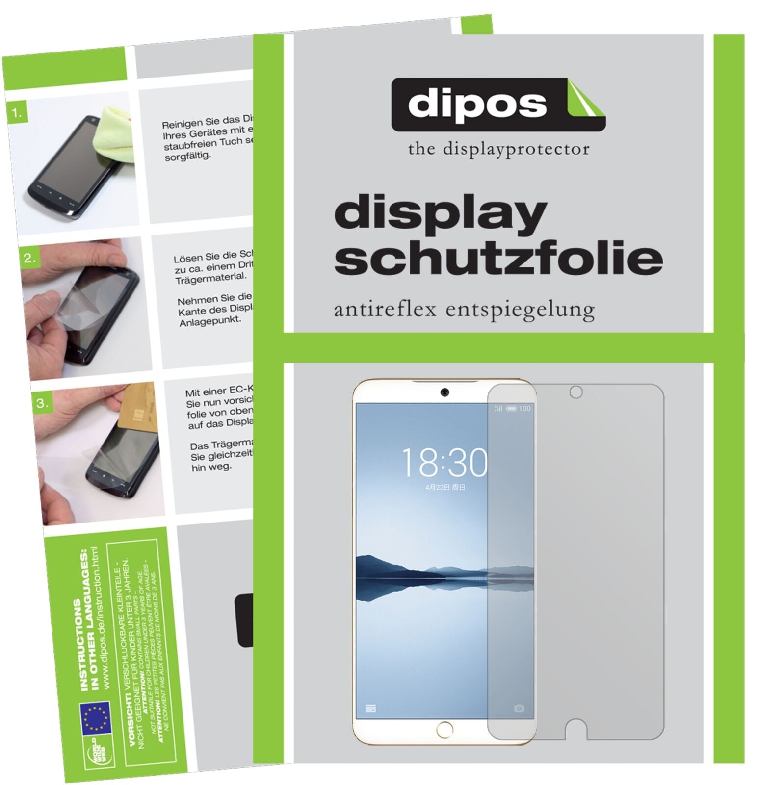Meizu15 Plus mit aufgebrachter dipos Displayschutzfolie, die lästige Fingerabdrücke minimiert