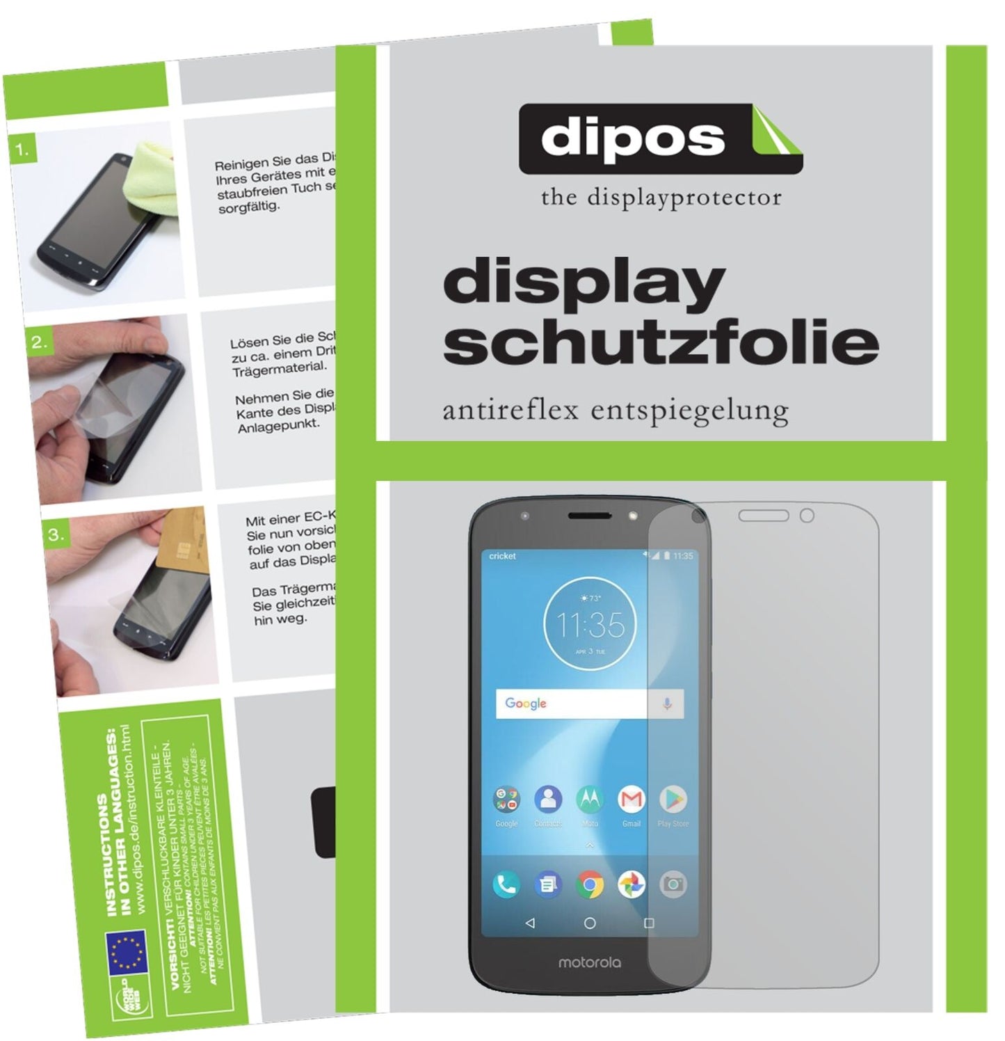 MotorolaMoto E5 Play SD427 mit aufgebrachter dipos Displayschutzfolie, die lästige Fingerabdrücke minimiert