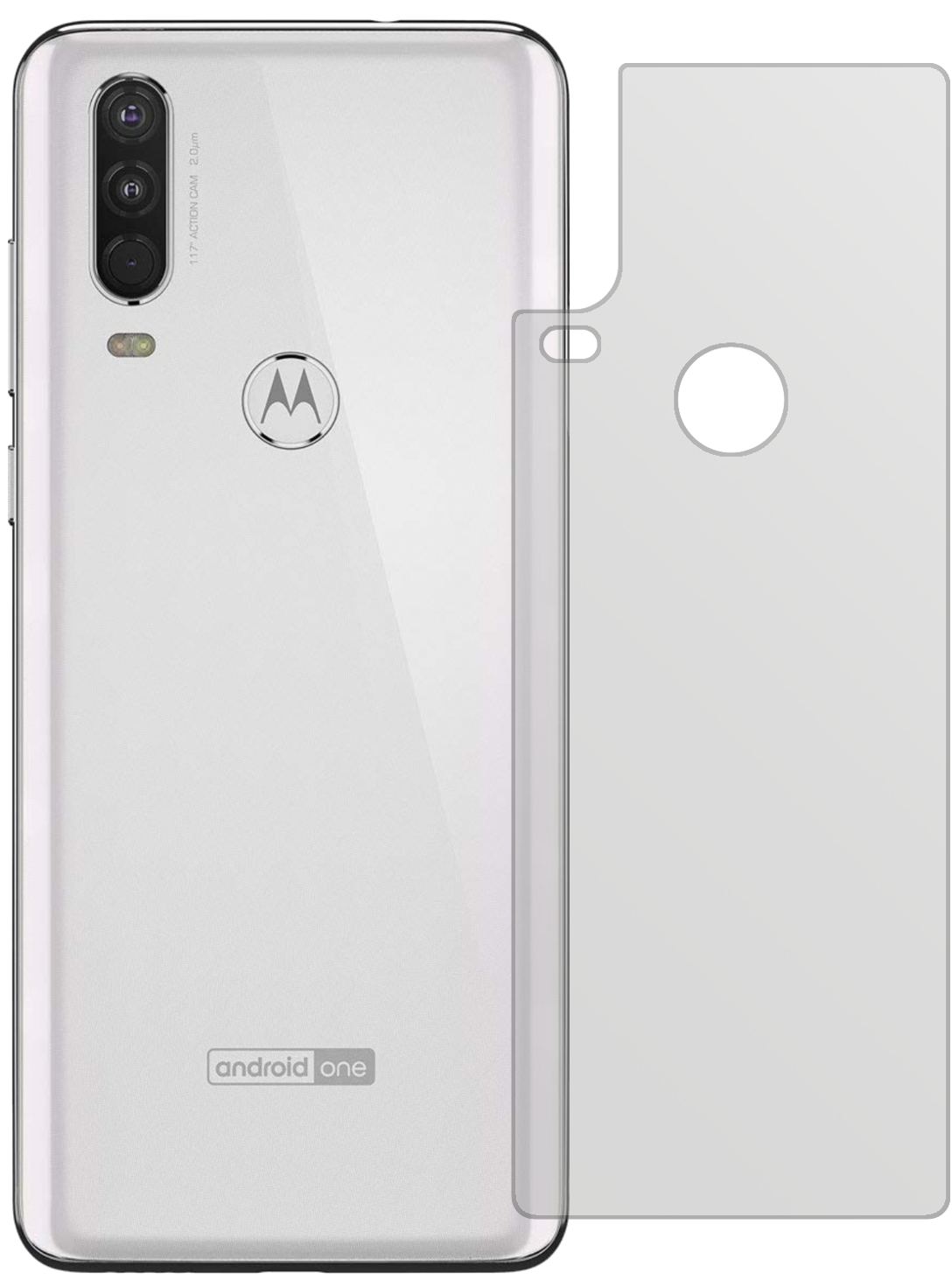 MotorolaOne Action Rückseite mit aufgebrachter dipos Displayschutzfolie, die lästige Fingerabdrücke minimiert