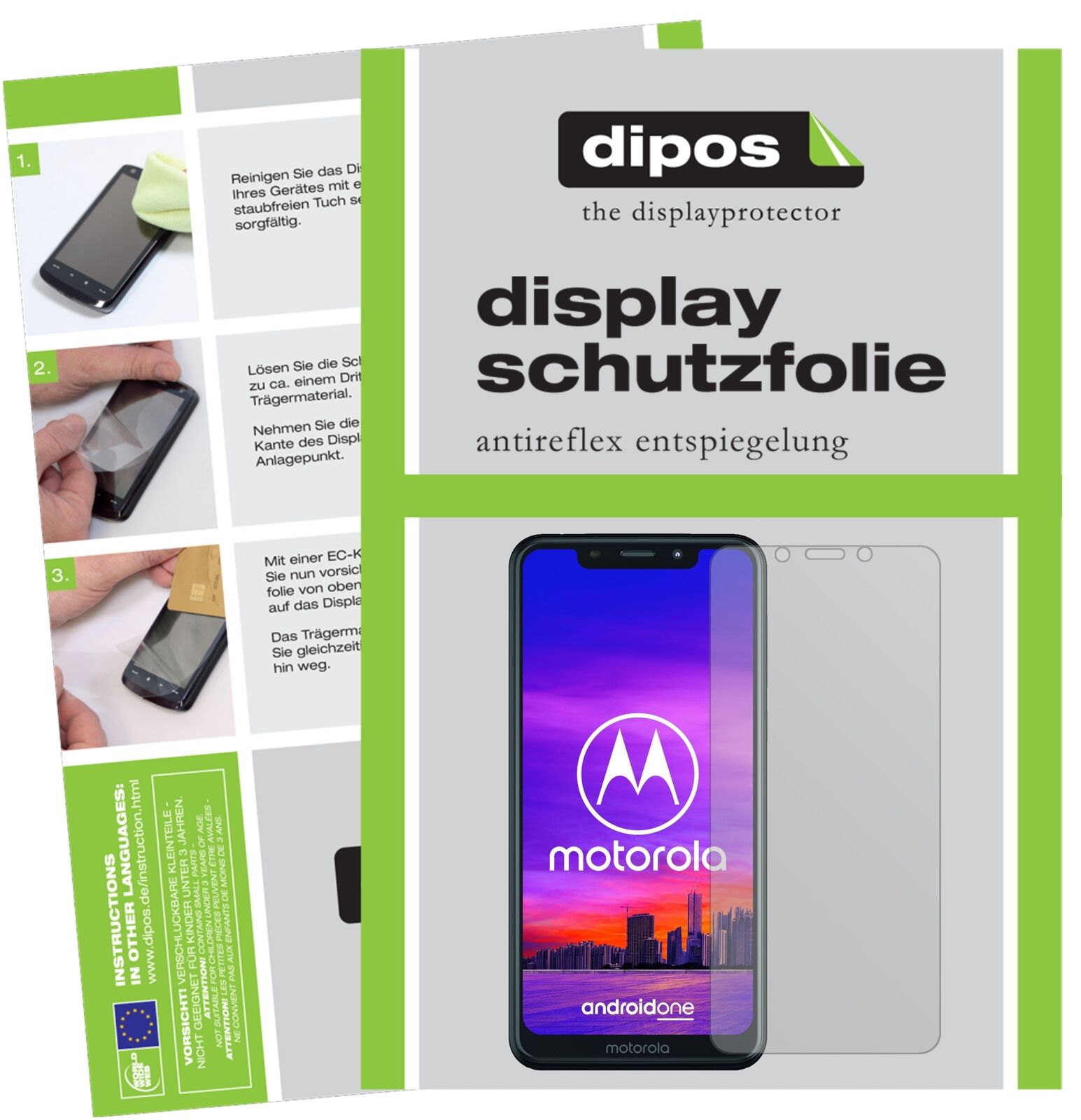 MotorolaOne mit aufgebrachter dipos Displayschutzfolie, die lästige Fingerabdrücke minimiert