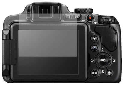 NikonCoolpix B600 mit aufgebrachter dipos Displayschutzfolie, die lästige Fingerabdrücke minimiert