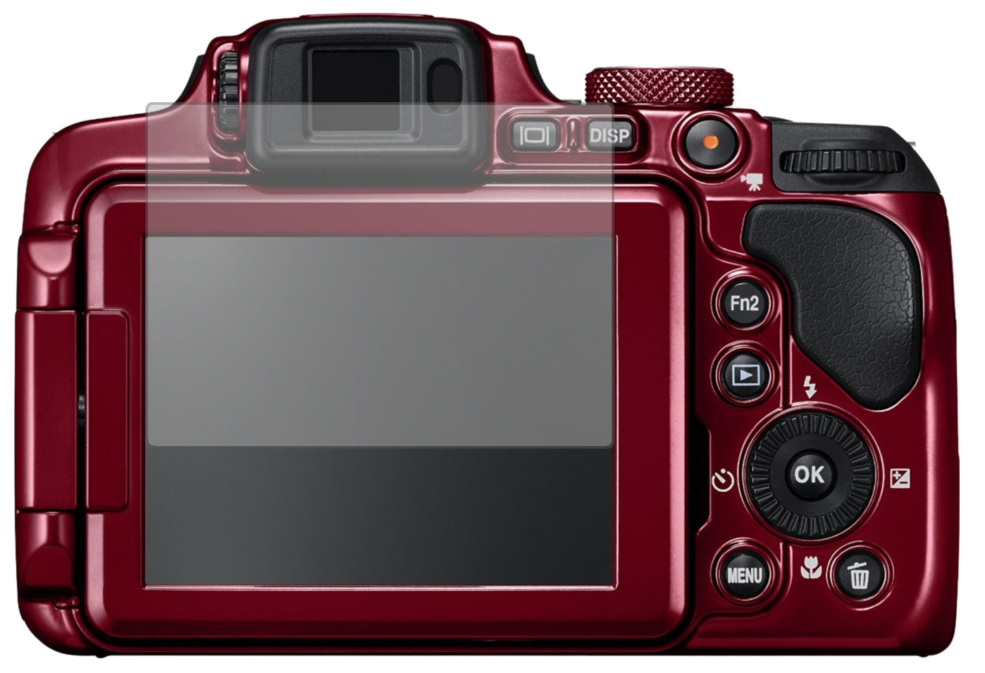 NikonCoolpix B700 mit aufgebrachter dipos Displayschutzfolie, die lästige Fingerabdrücke minimiert