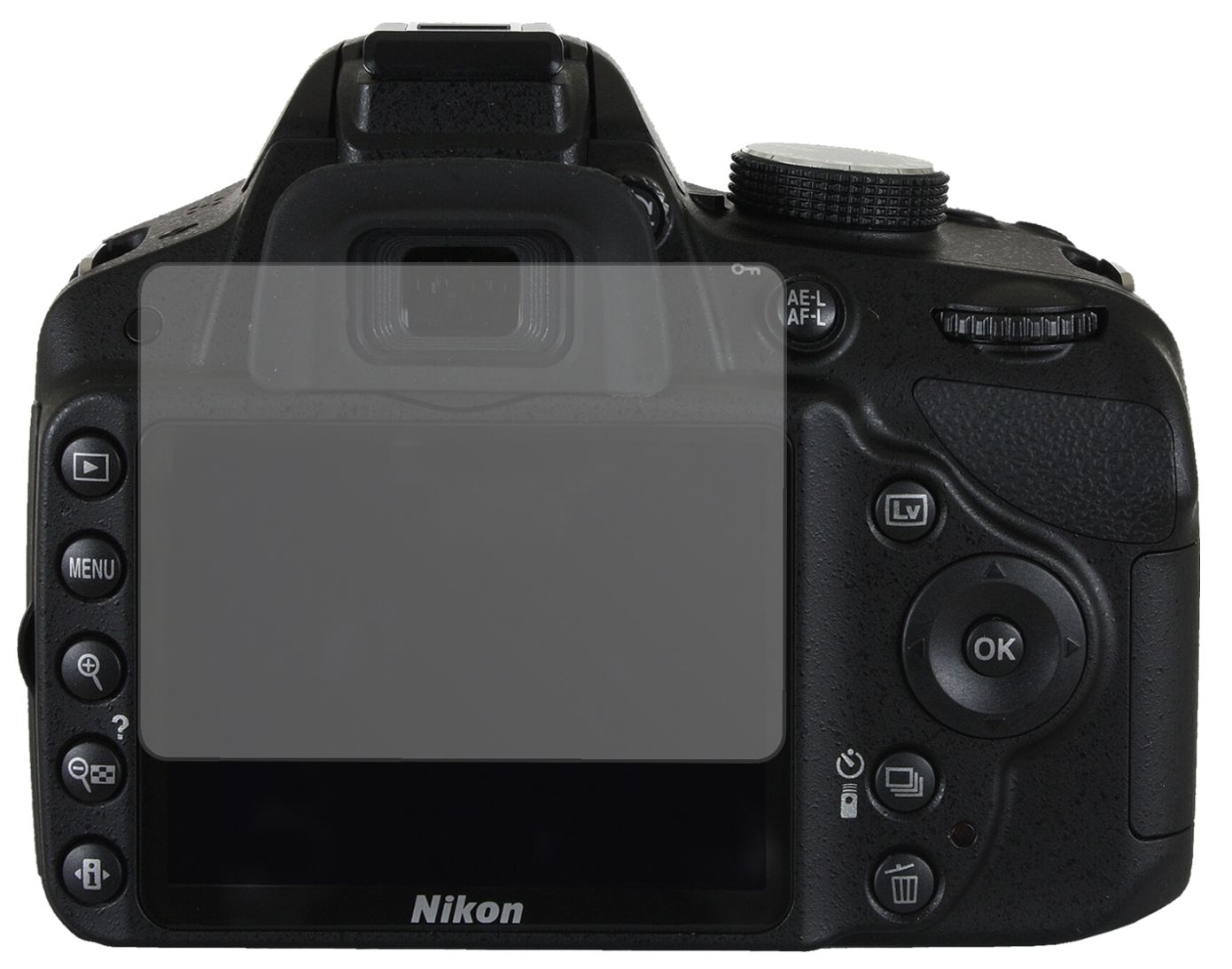 NikonD3200 mit aufgebrachter dipos Displayschutzfolie, die lästige Fingerabdrücke minimiert