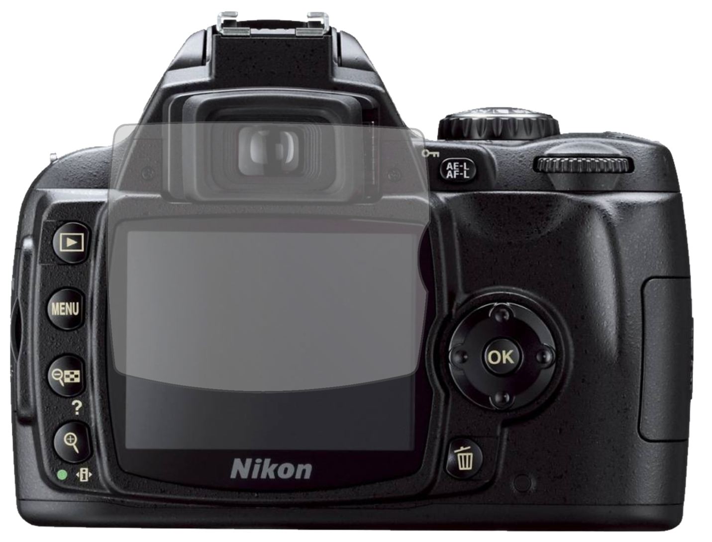 NikonD40x mit aufgebrachter dipos Displayschutzfolie, die lästige Fingerabdrücke minimiert