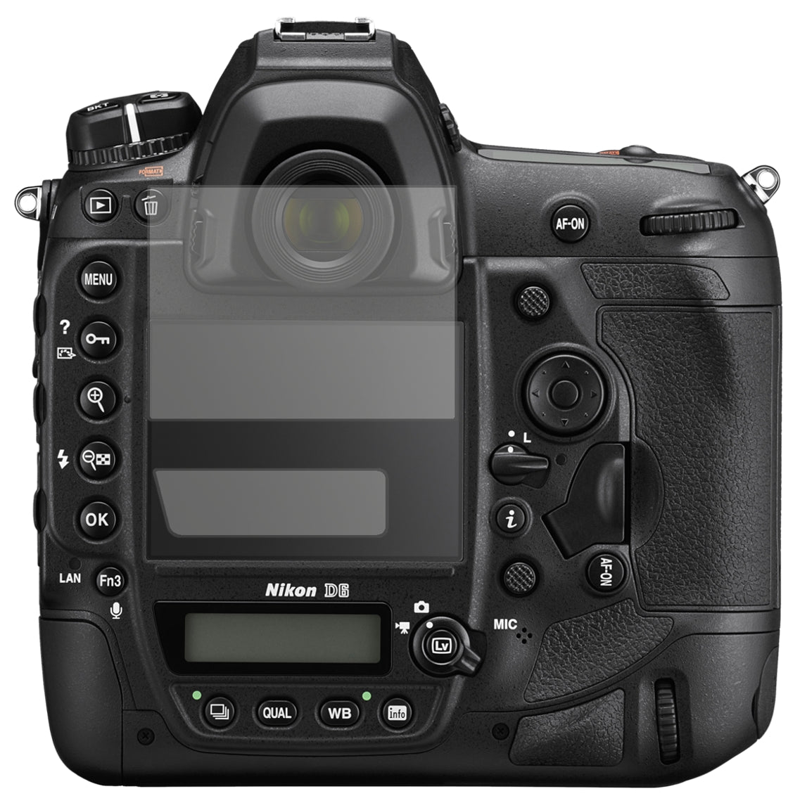 NikonD6 mit aufgebrachter dipos Displayschutzfolie, die lästige Fingerabdrücke minimiert
