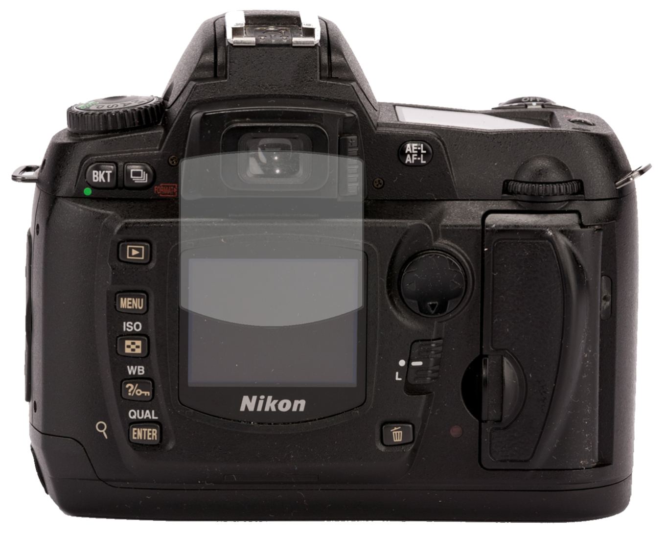 NikonD70 mit aufgebrachter dipos Displayschutzfolie, die lästige Fingerabdrücke minimiert