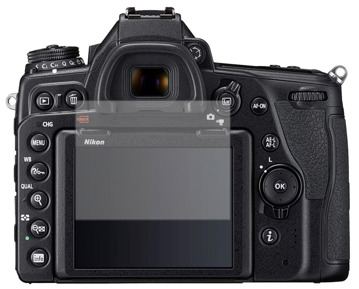 NikonDSLR D780 mit aufgebrachter dipos Displayschutzfolie, die lästige Fingerabdrücke minimiert