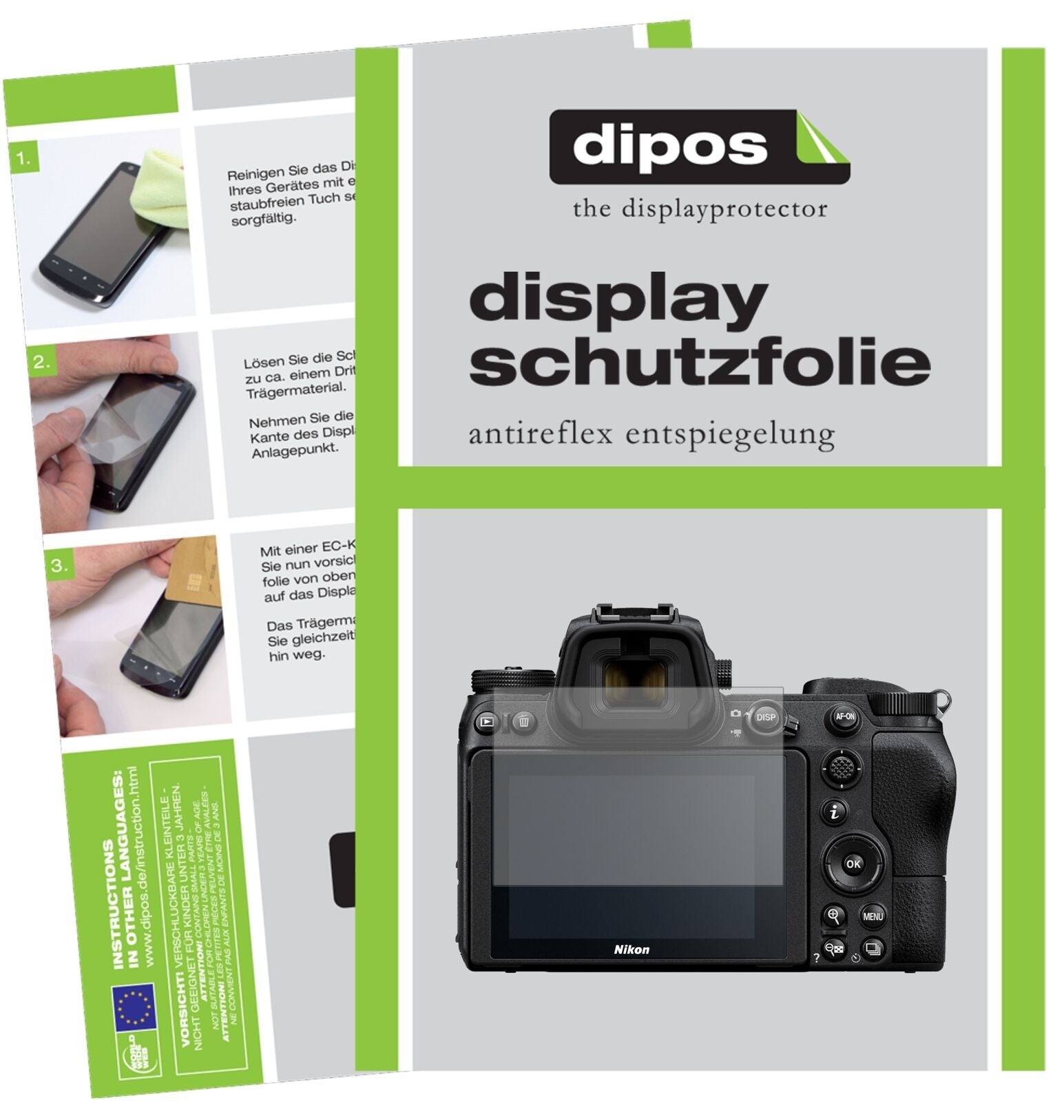 NikonZ6 mit aufgebrachter dipos Displayschutzfolie, die lästige Fingerabdrücke minimiert