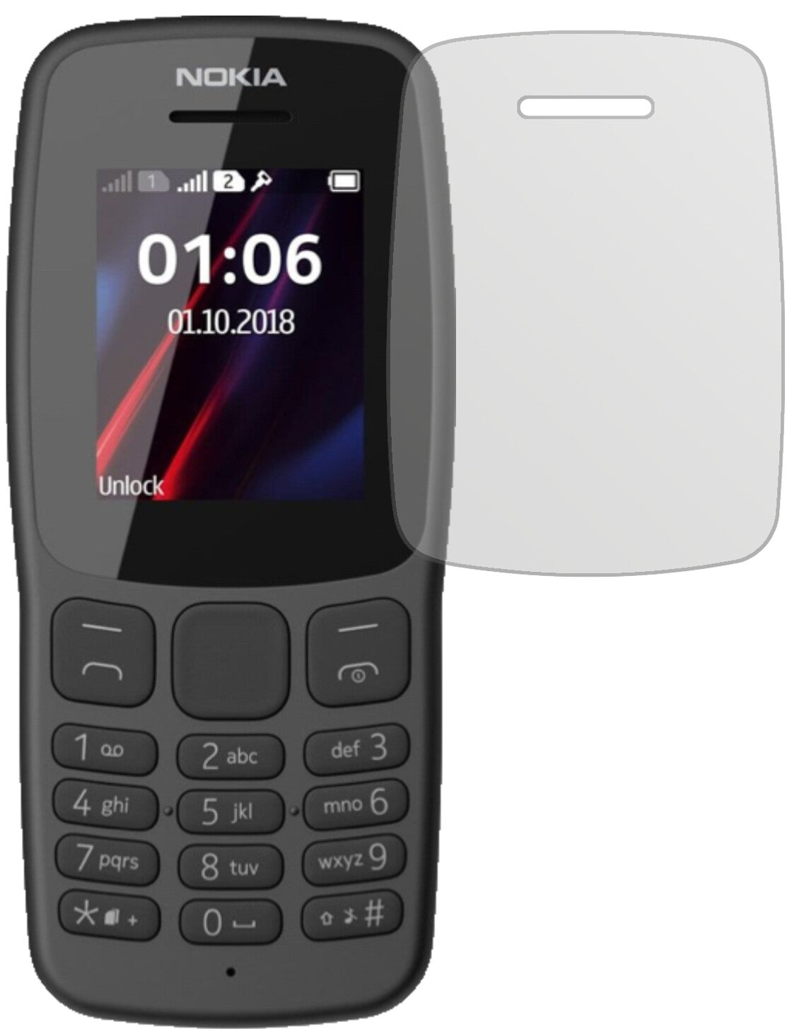 Nokia106 (2018) mit aufgebrachter dipos Displayschutzfolie, die lästige Fingerabdrücke minimiert