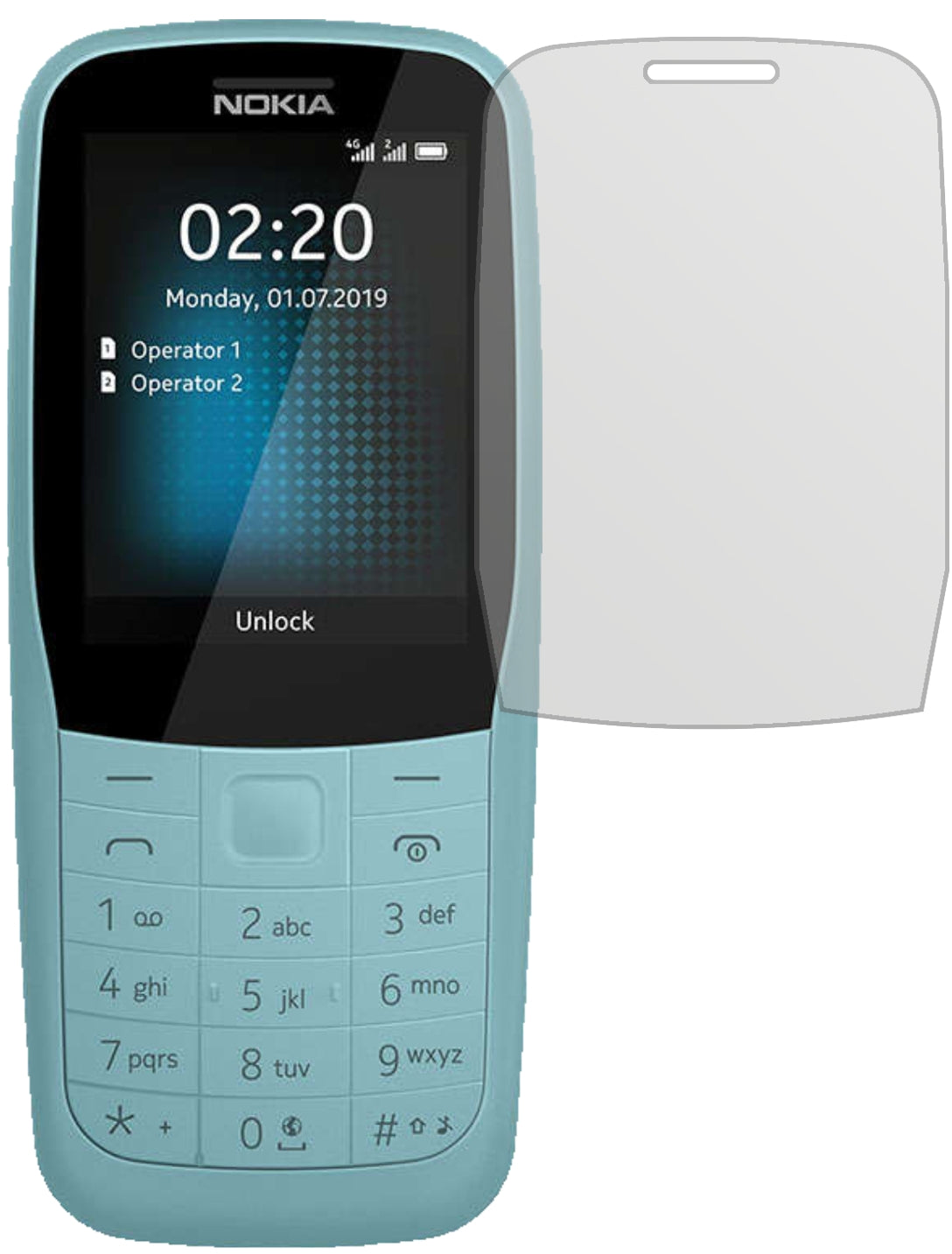 Nokia220 4G mit aufgebrachter dipos Displayschutzfolie, die lästige Fingerabdrücke minimiert